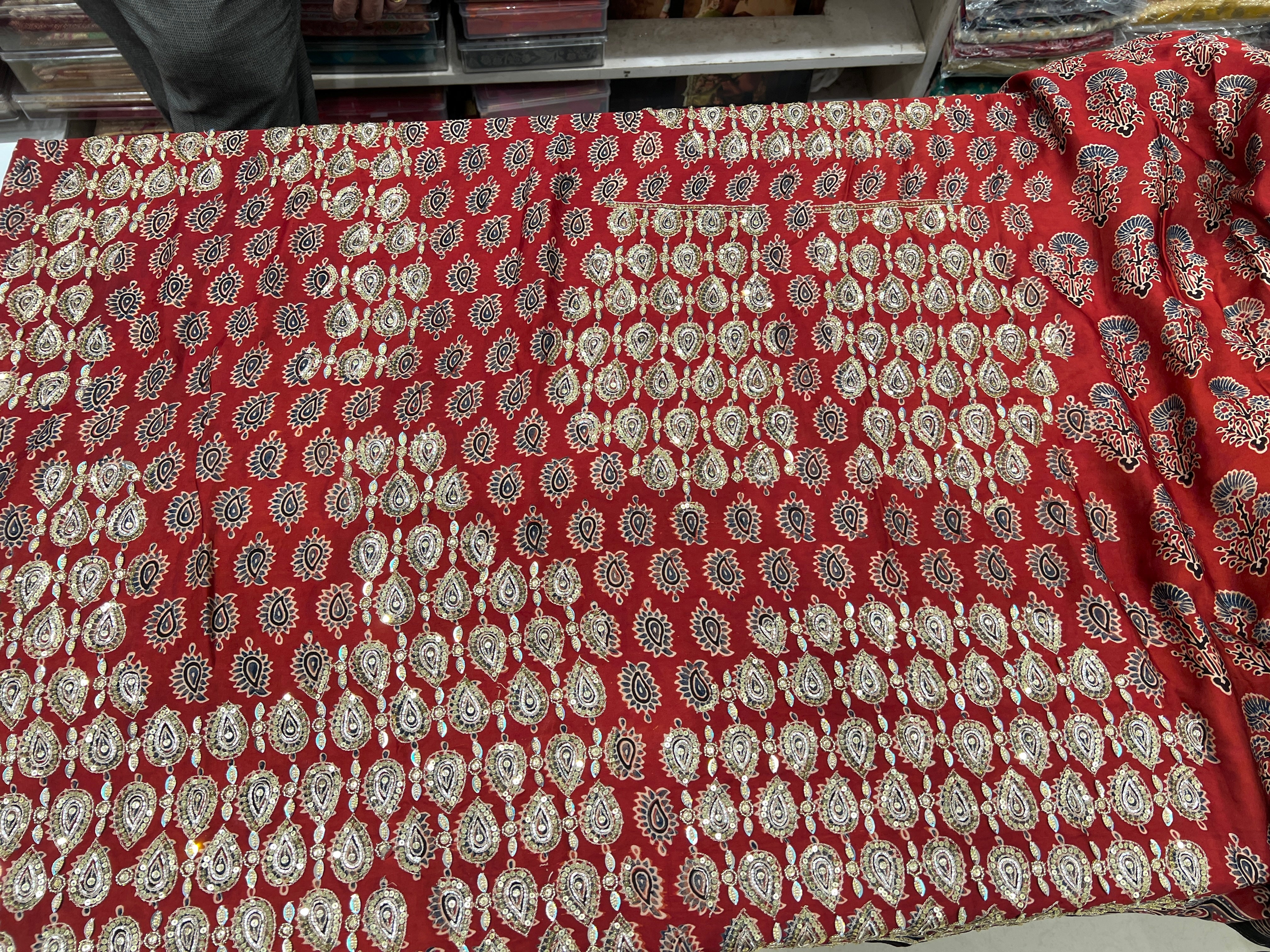 Red Buttis Pita Zardosi Sequin Ajrakh Hand Embroidery Saree