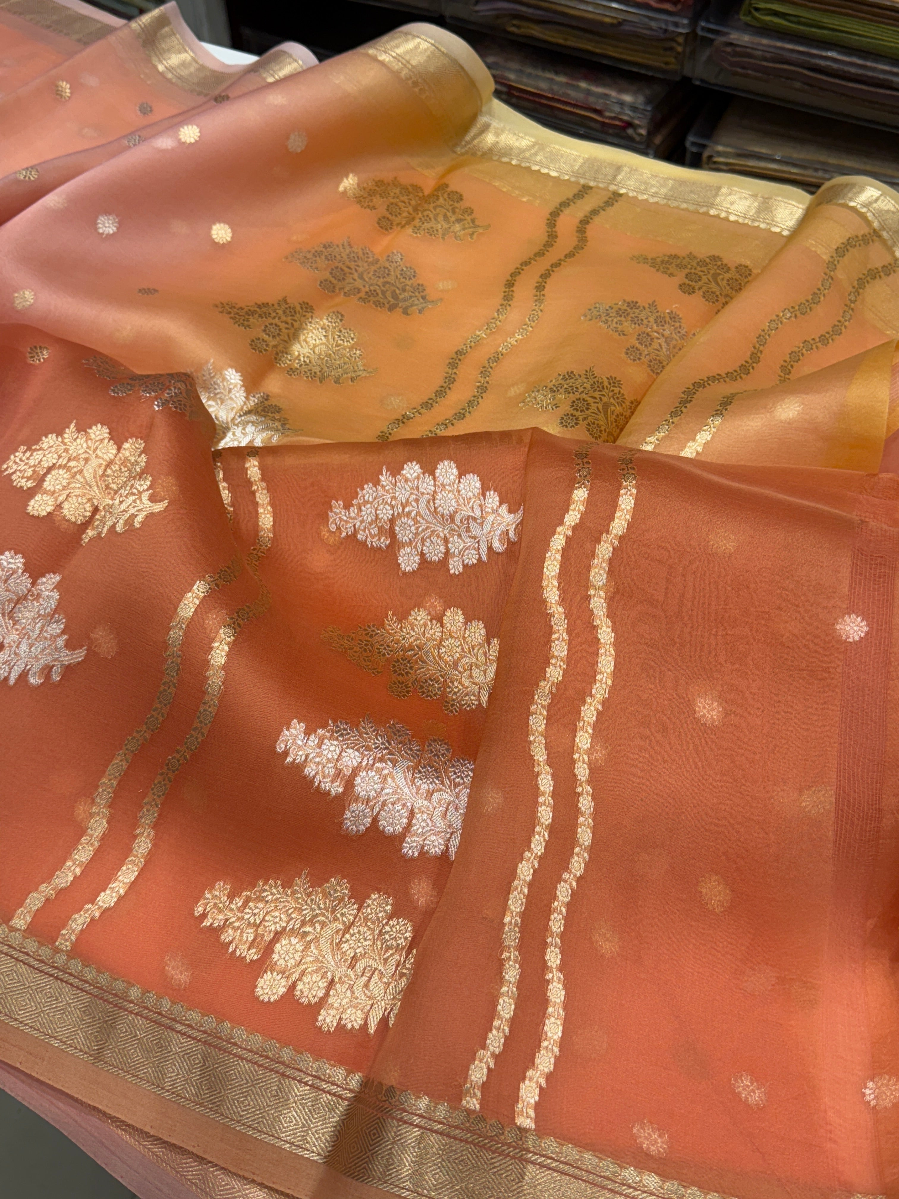 Orange Shaded Banarasi Handloom Kora Saree
