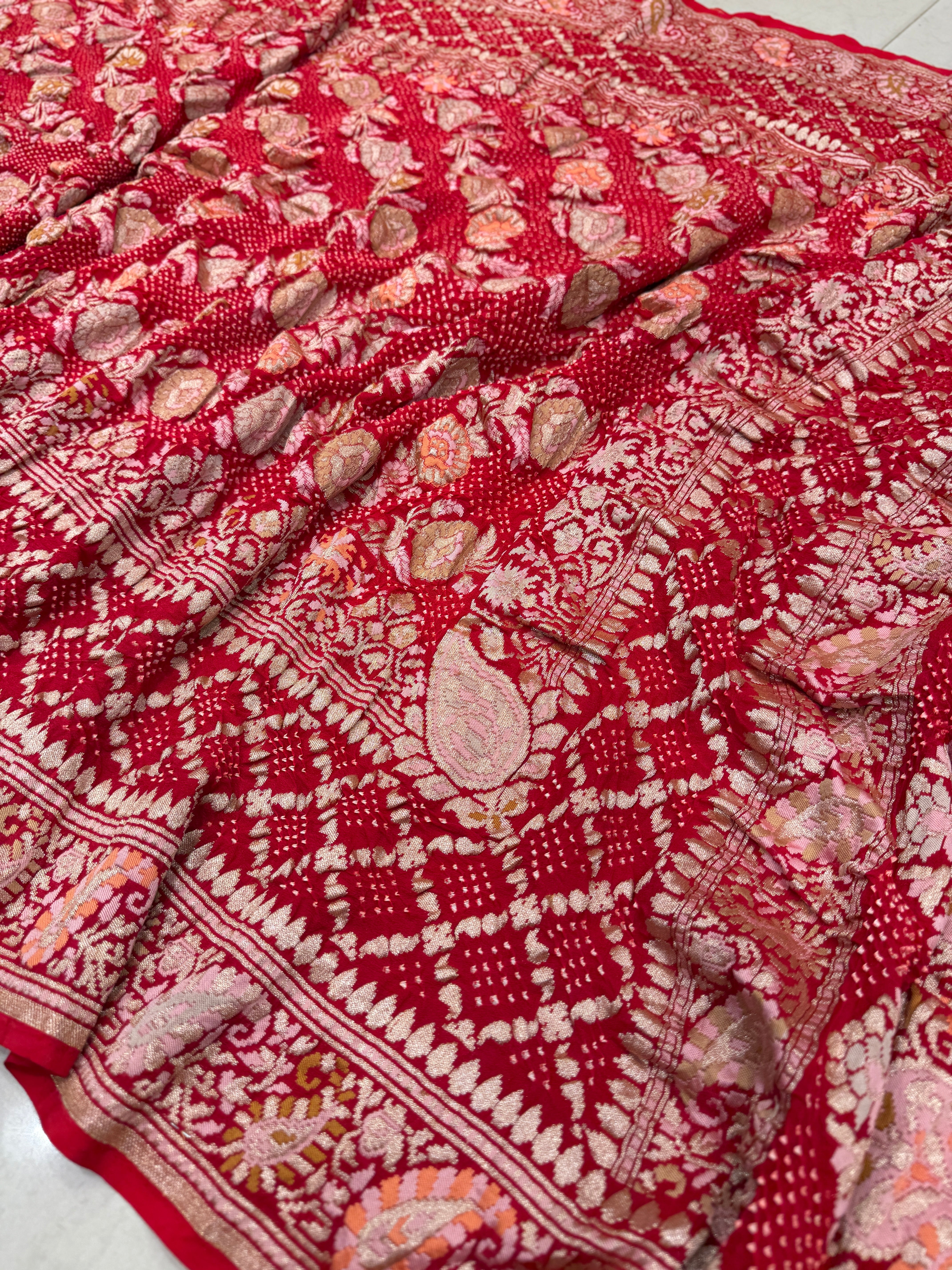 Red Double Border Meenakari Rai Bandhej Georgette Bandhini Saree