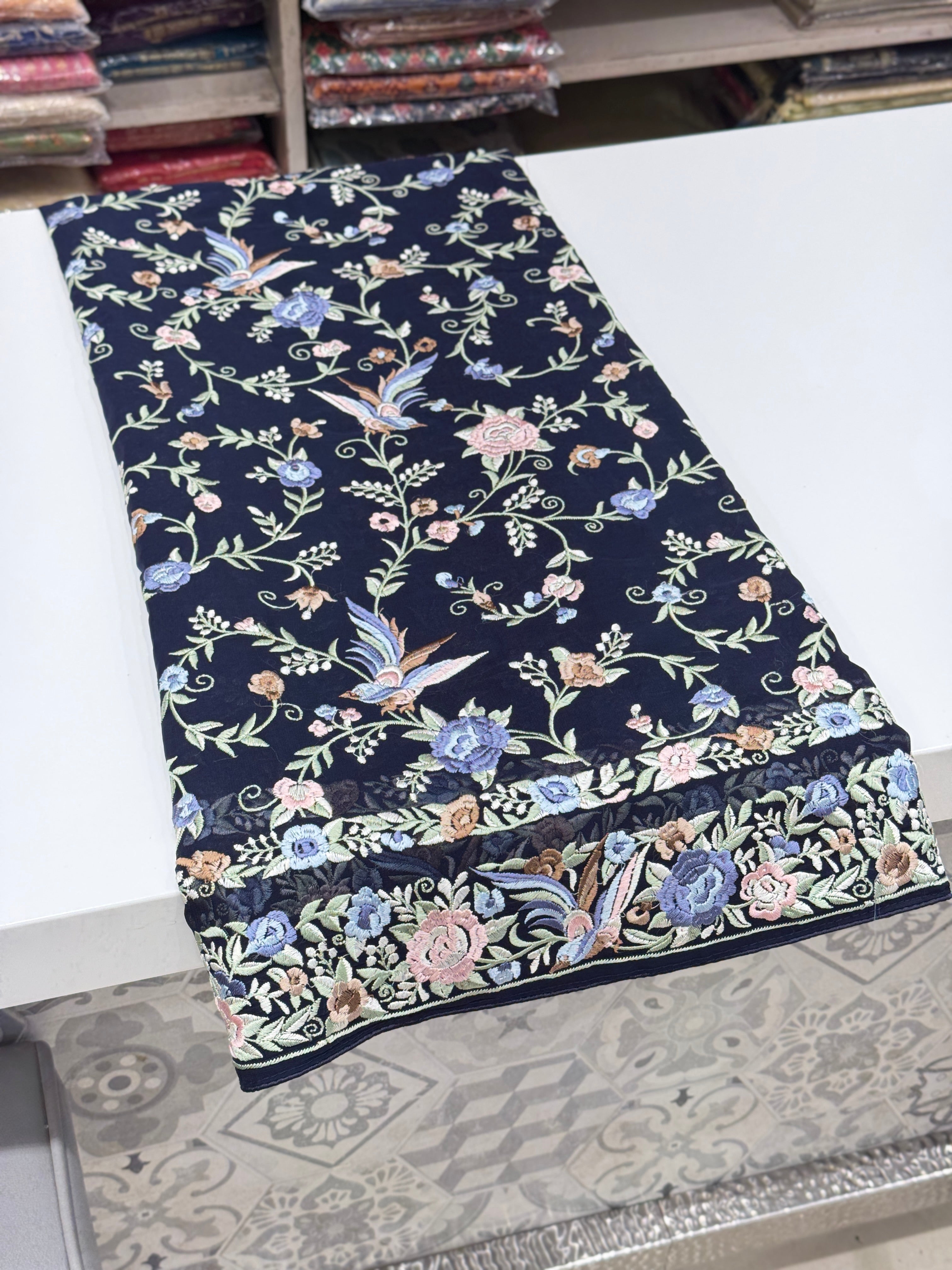 Blue Double Border Georgette Parsi Gara Saree