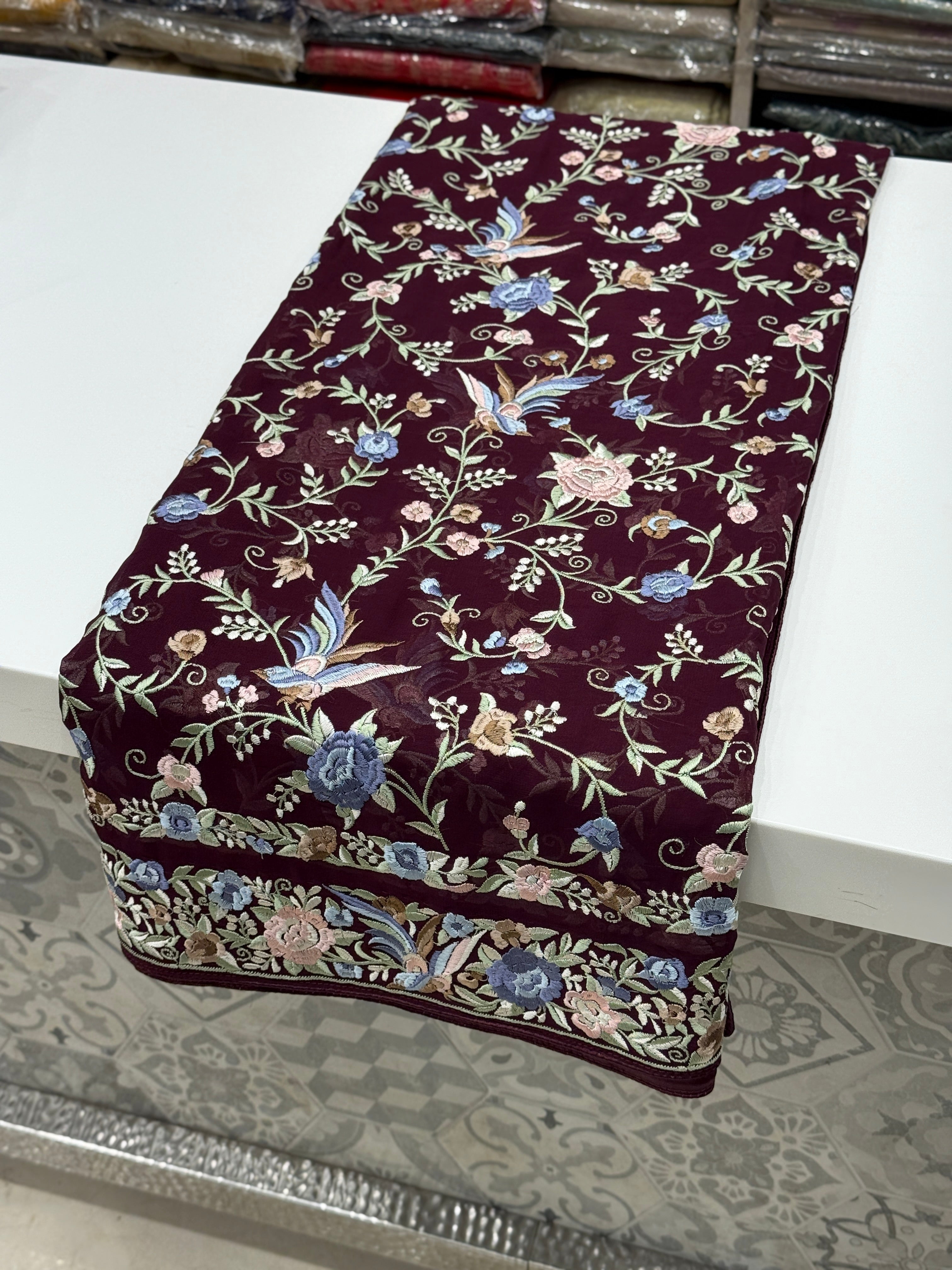 Wine Double Border Embroidery Parsi Gara Saree
