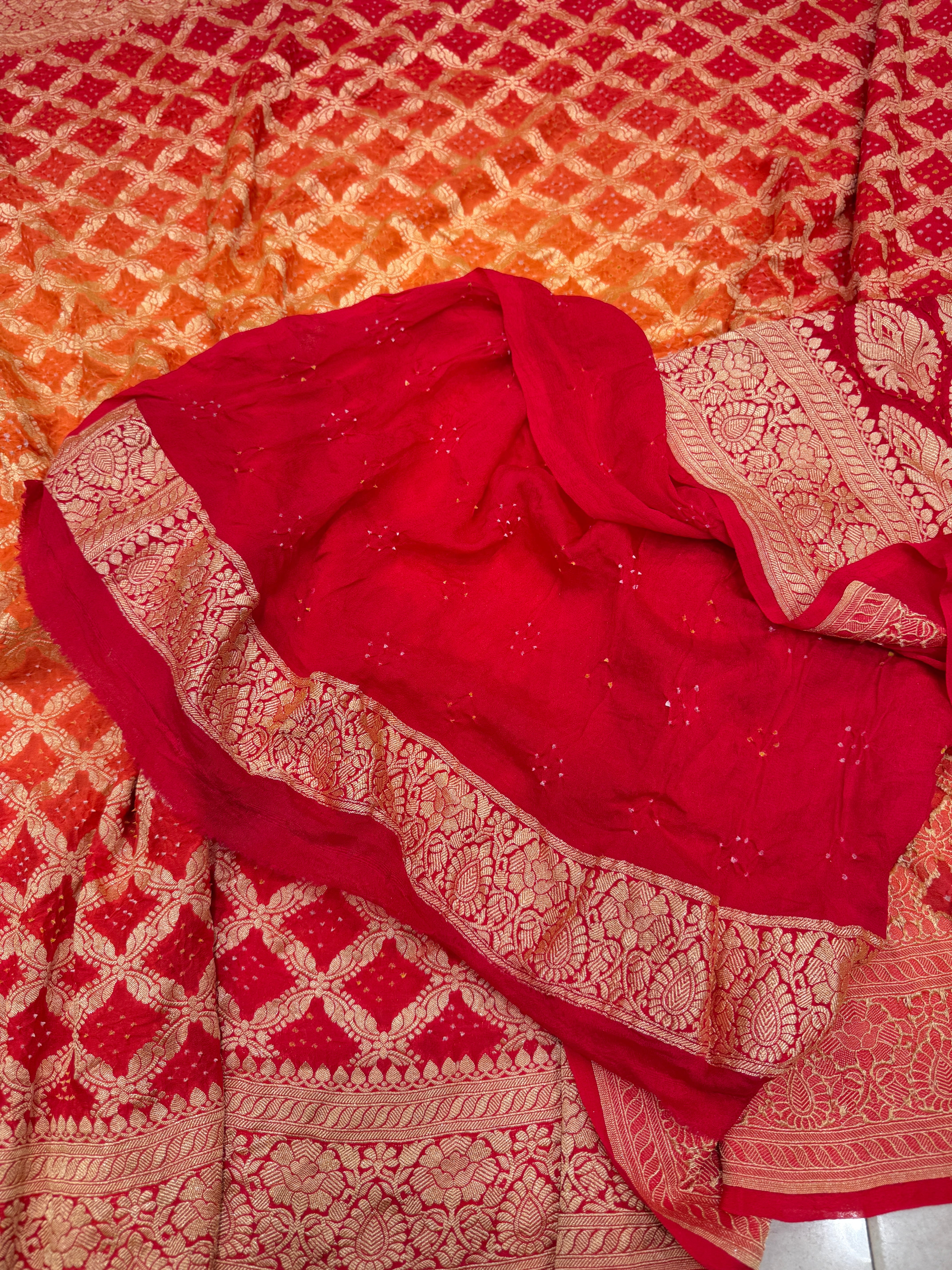 Orange Red Shaded Georgette Handloom Bandhej Bandhini Saree