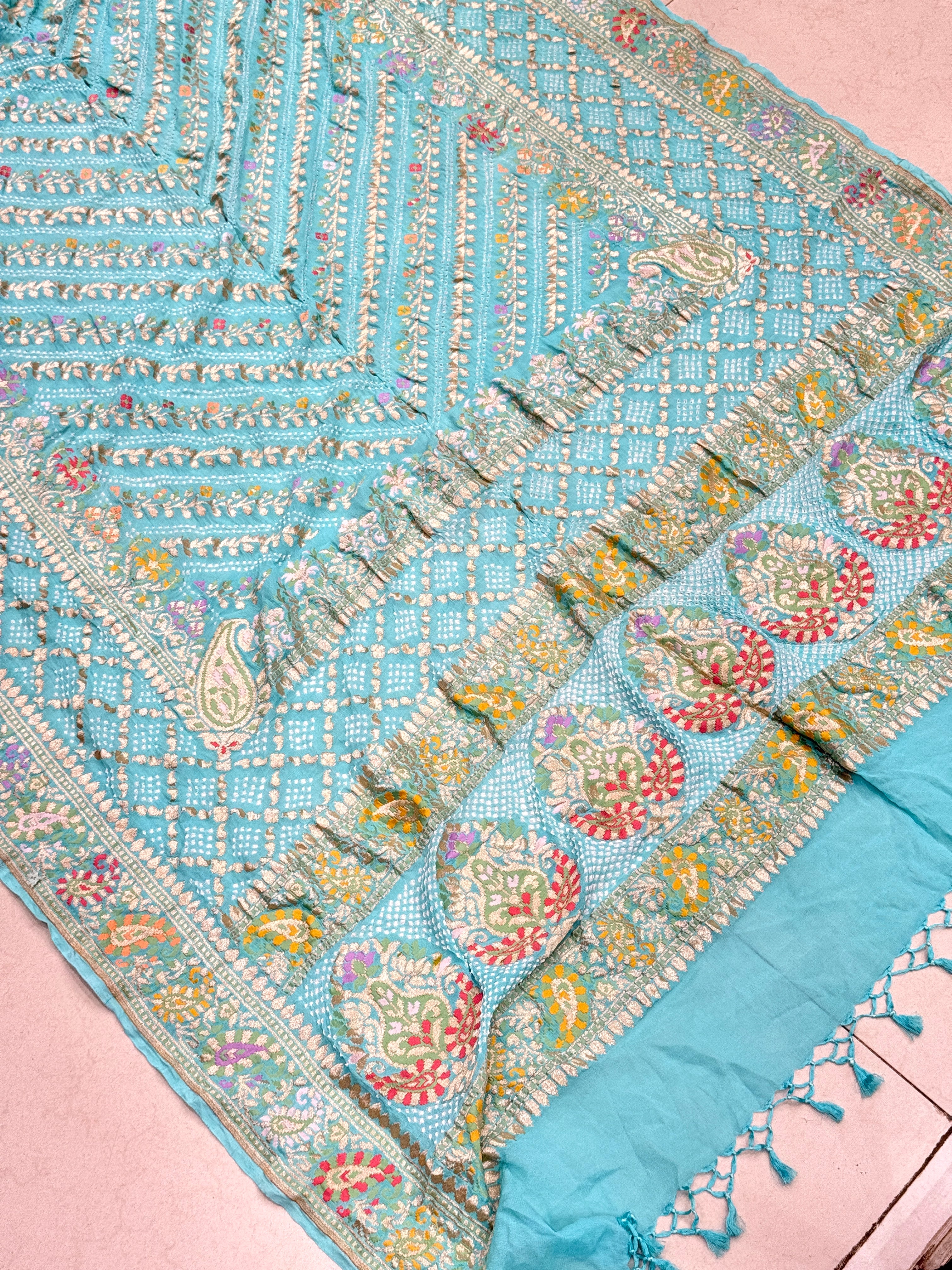 Light Blue Double Border Meenakari Rai Bandhej Georgette Bandhini Saree