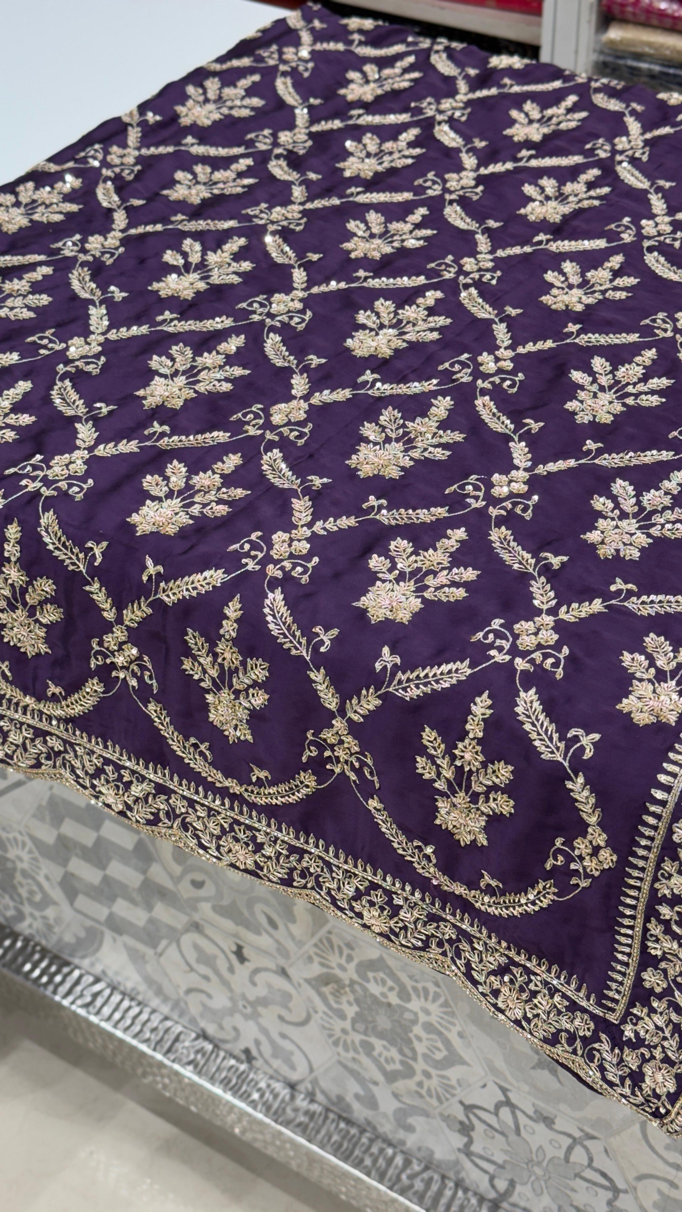 Purple Pure Satin Hand Embroidered Zardozi Saree