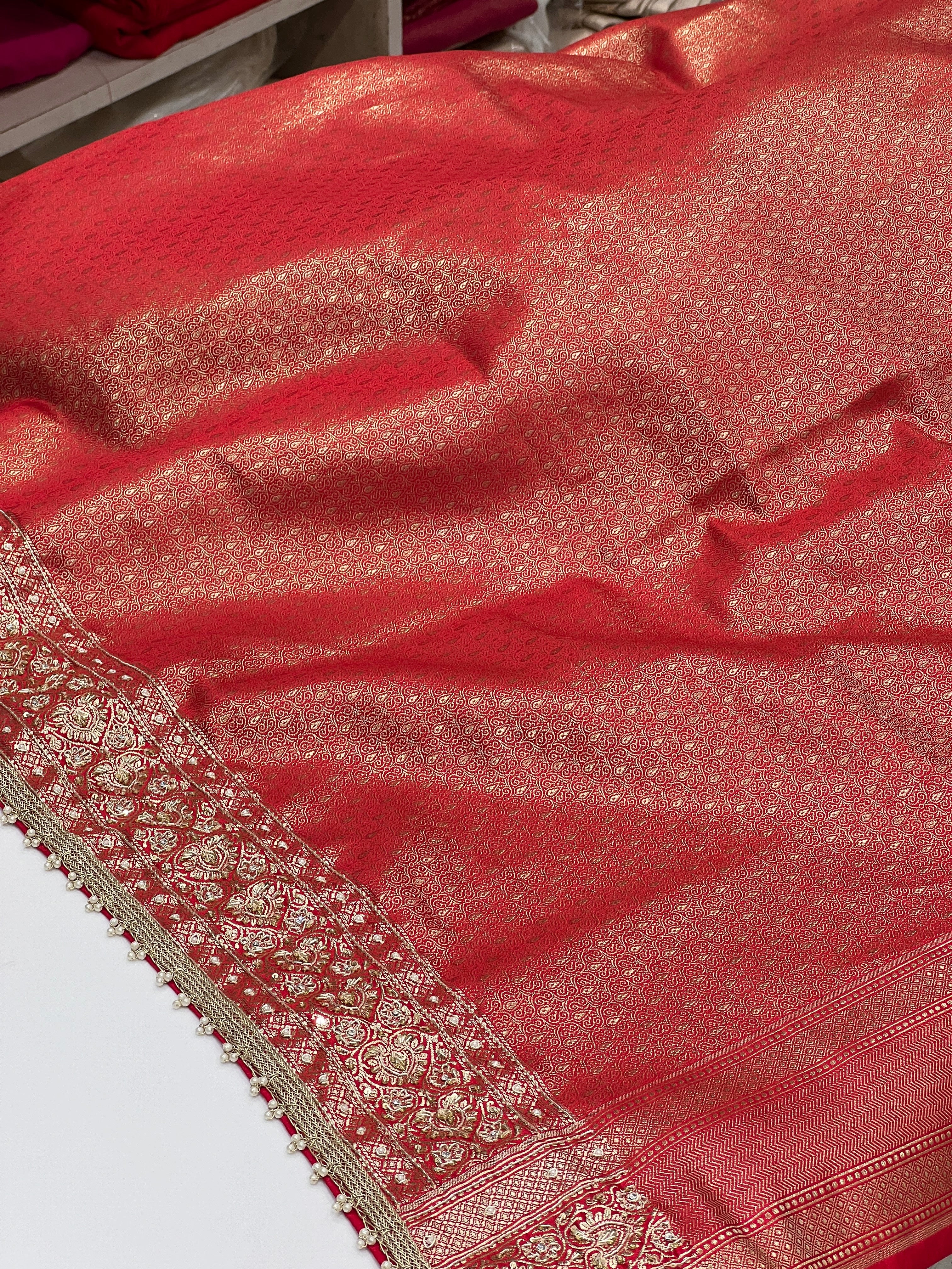 Red Banarasi Zardosi Hand Embroidery Saree