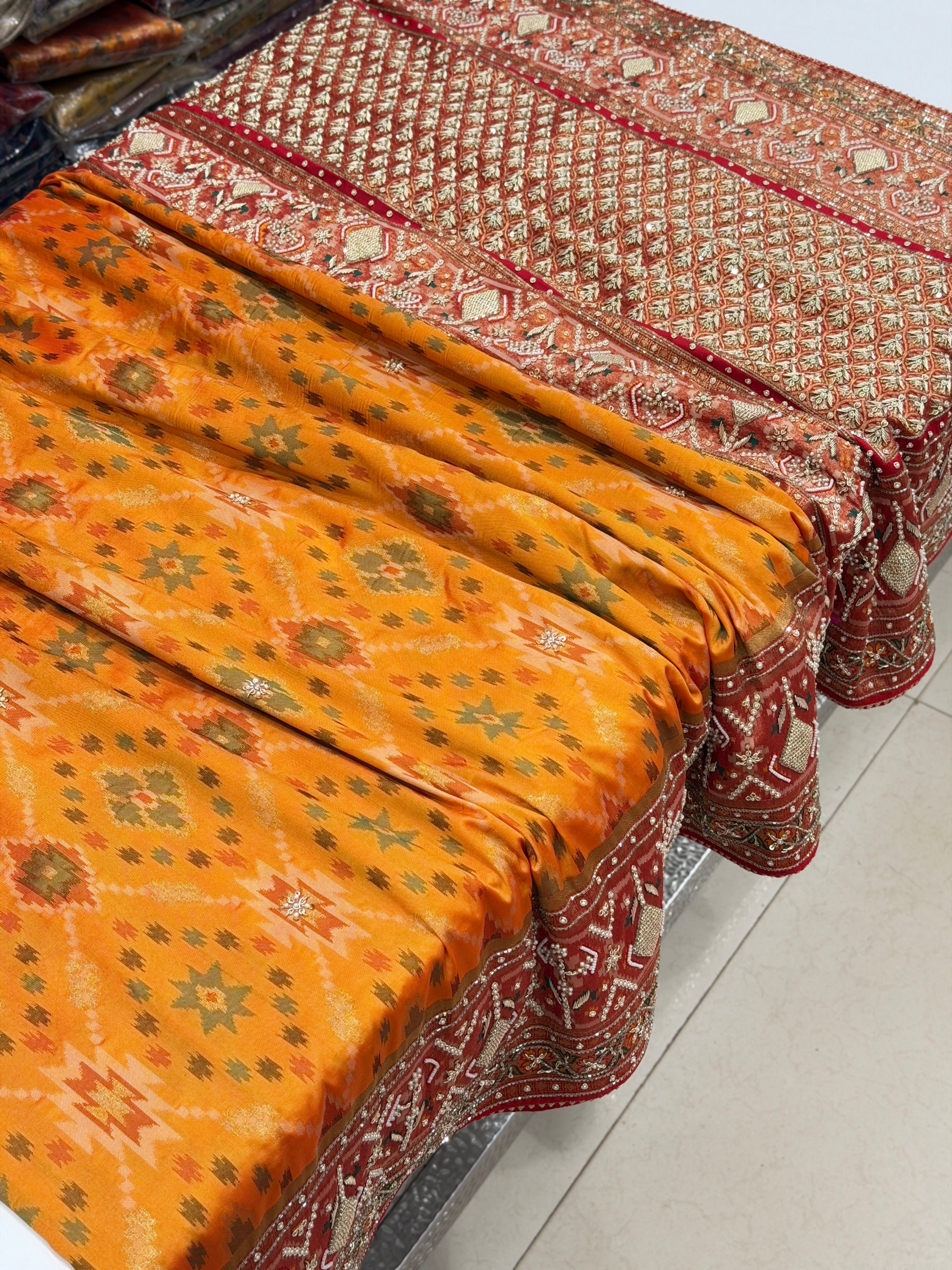 Rust Orange Big Jaal Patola Zardosi Hand Embroidery Saree