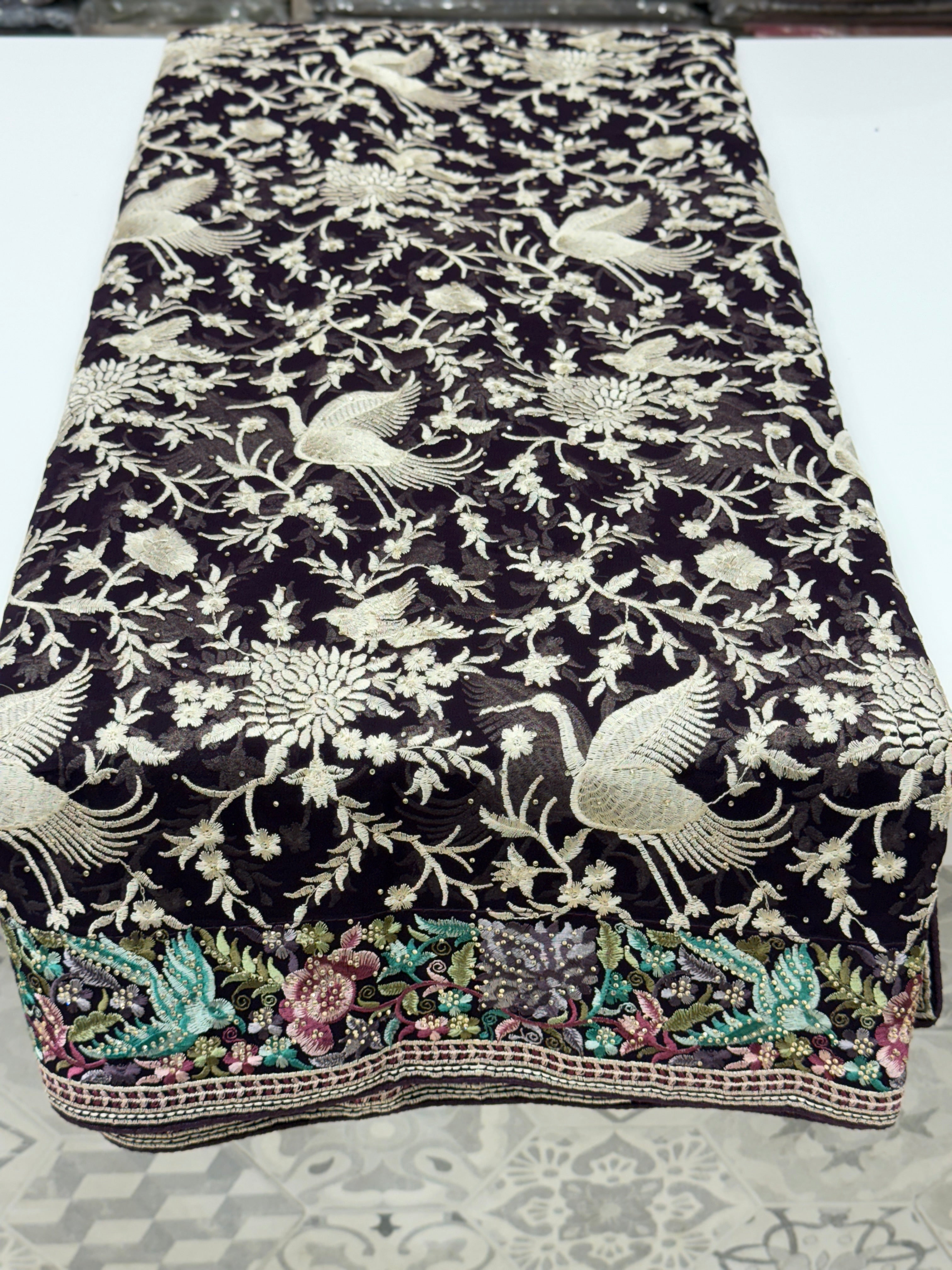 Black Parsi Gara Saree with Stone Work Resham Embroidery