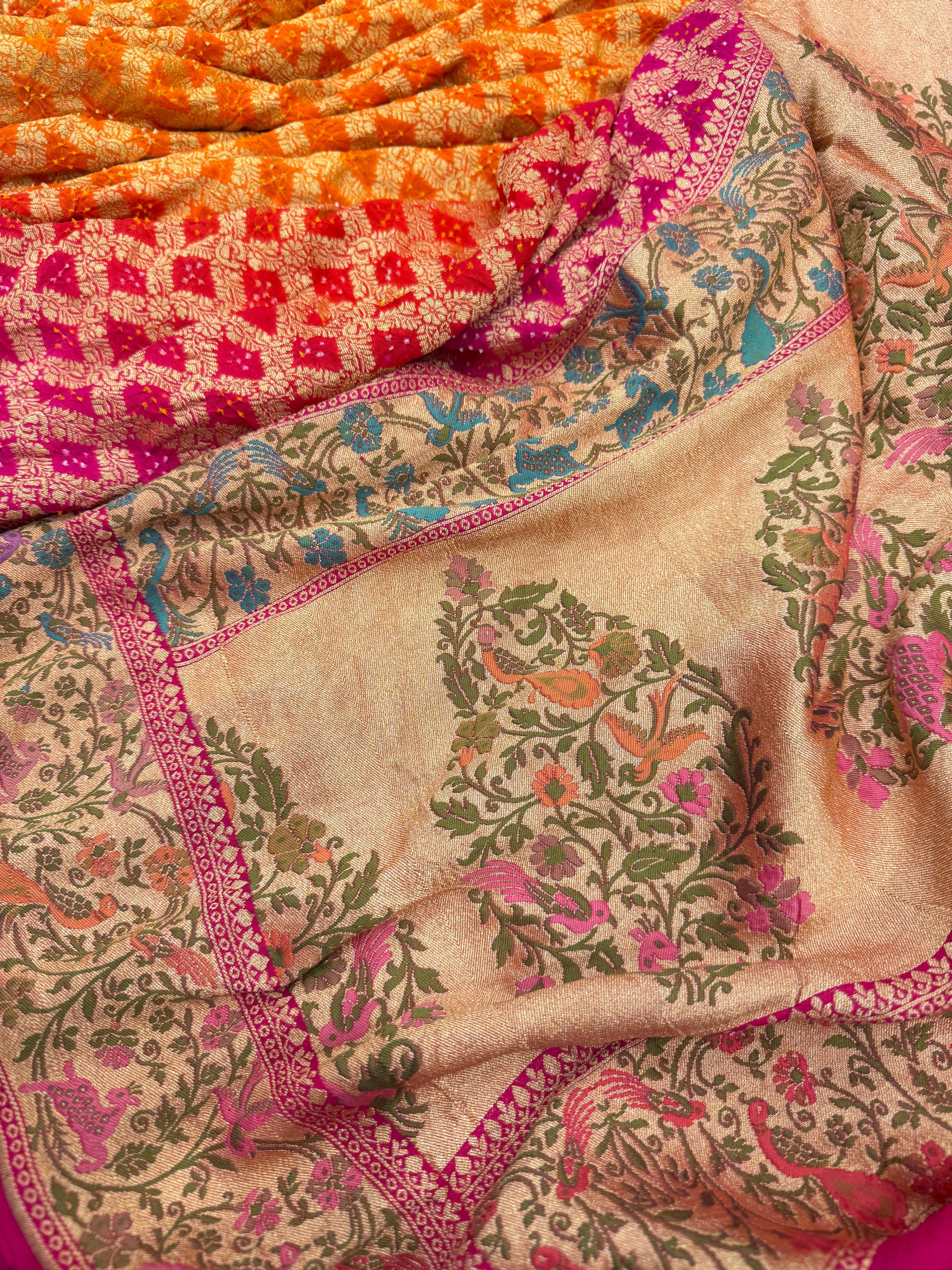 Rani Orange Shaded Shikara Border Meenakari Rai Bandhej Georgette Bandhini Saree