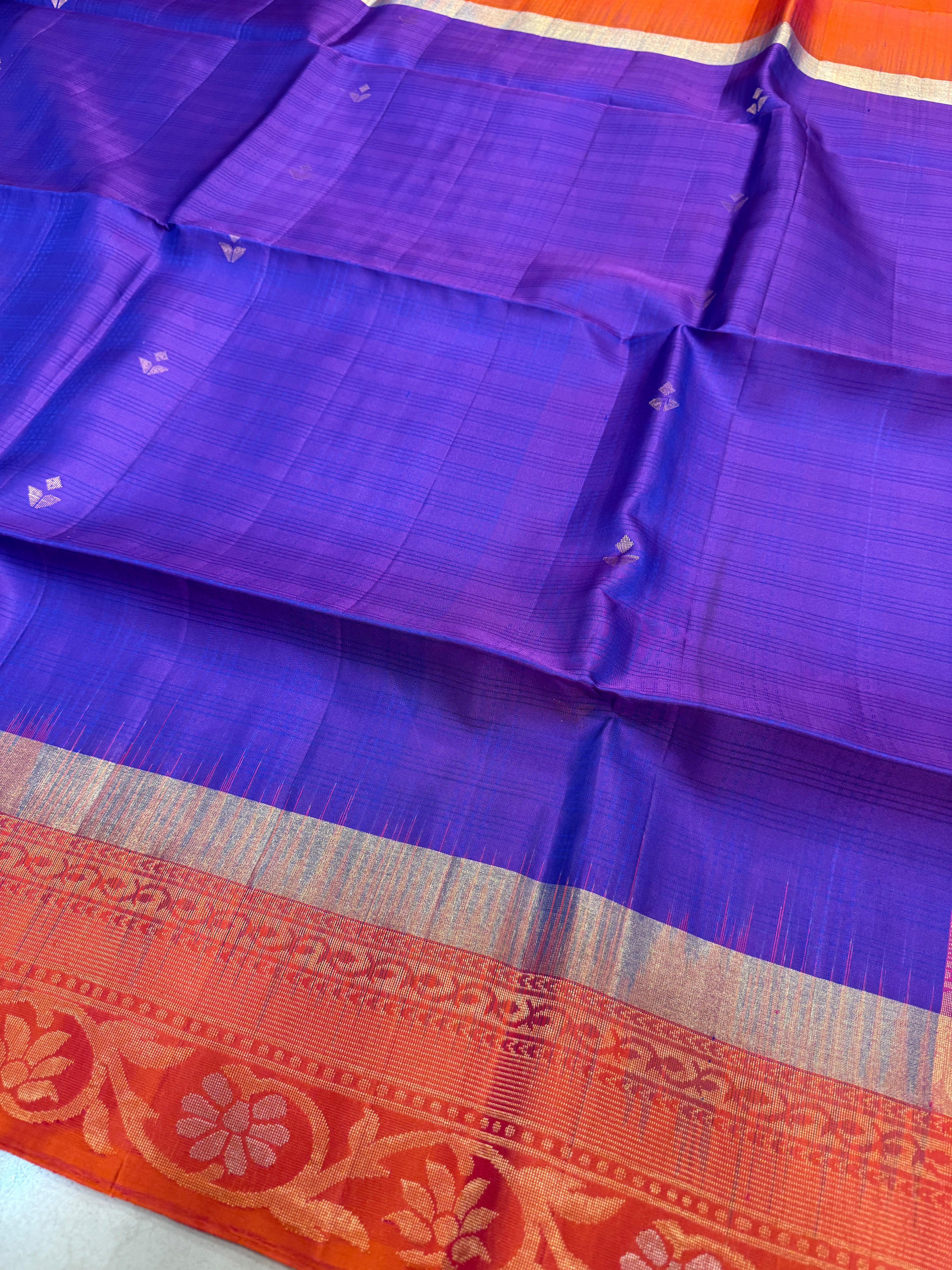Purple Orange Small Buttis Handloom Kanchipuram Pure Silk Saree