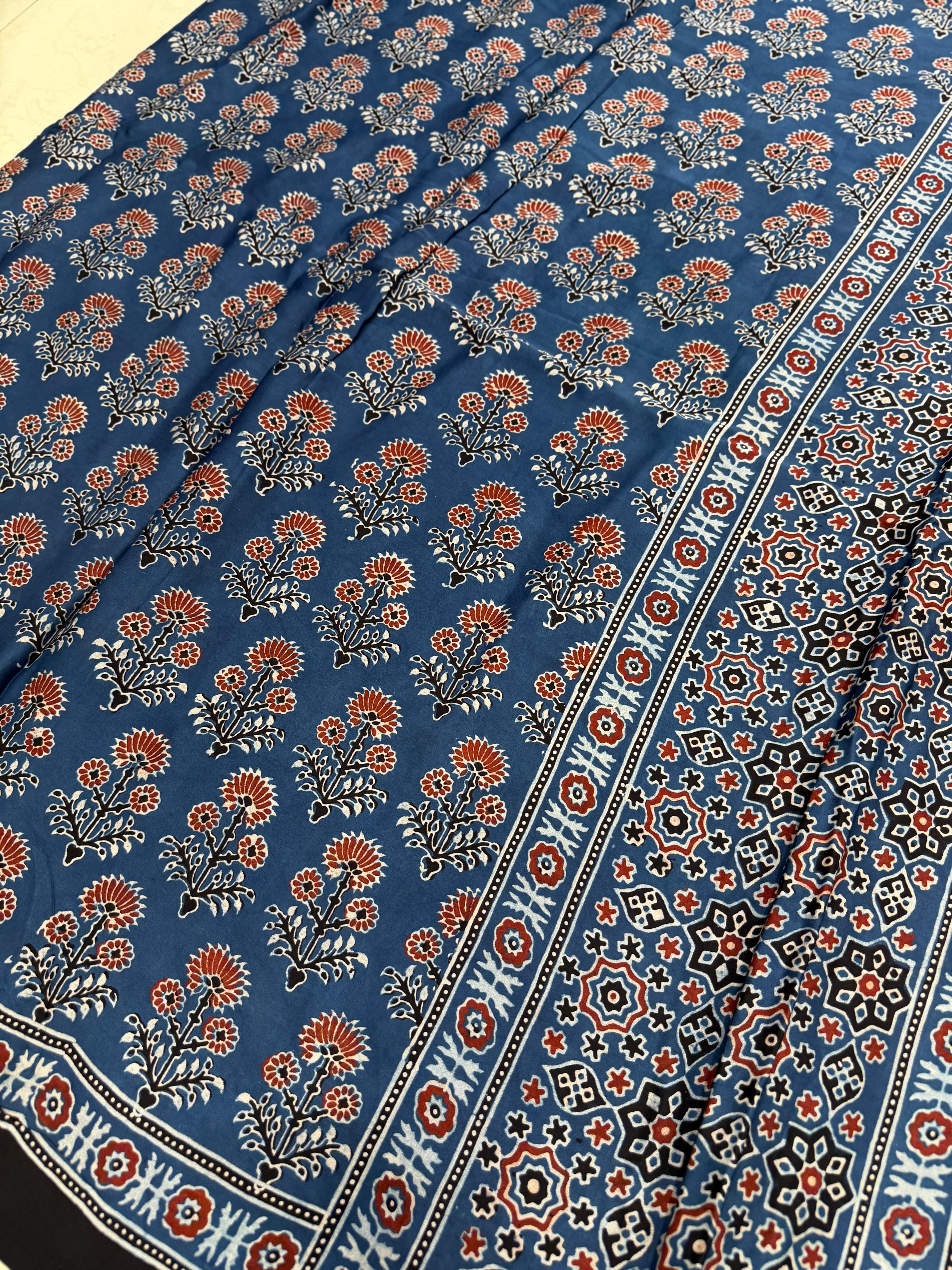 Blue Buttas Ajrakh Hand Block Print Pure Gajji Silk Saree