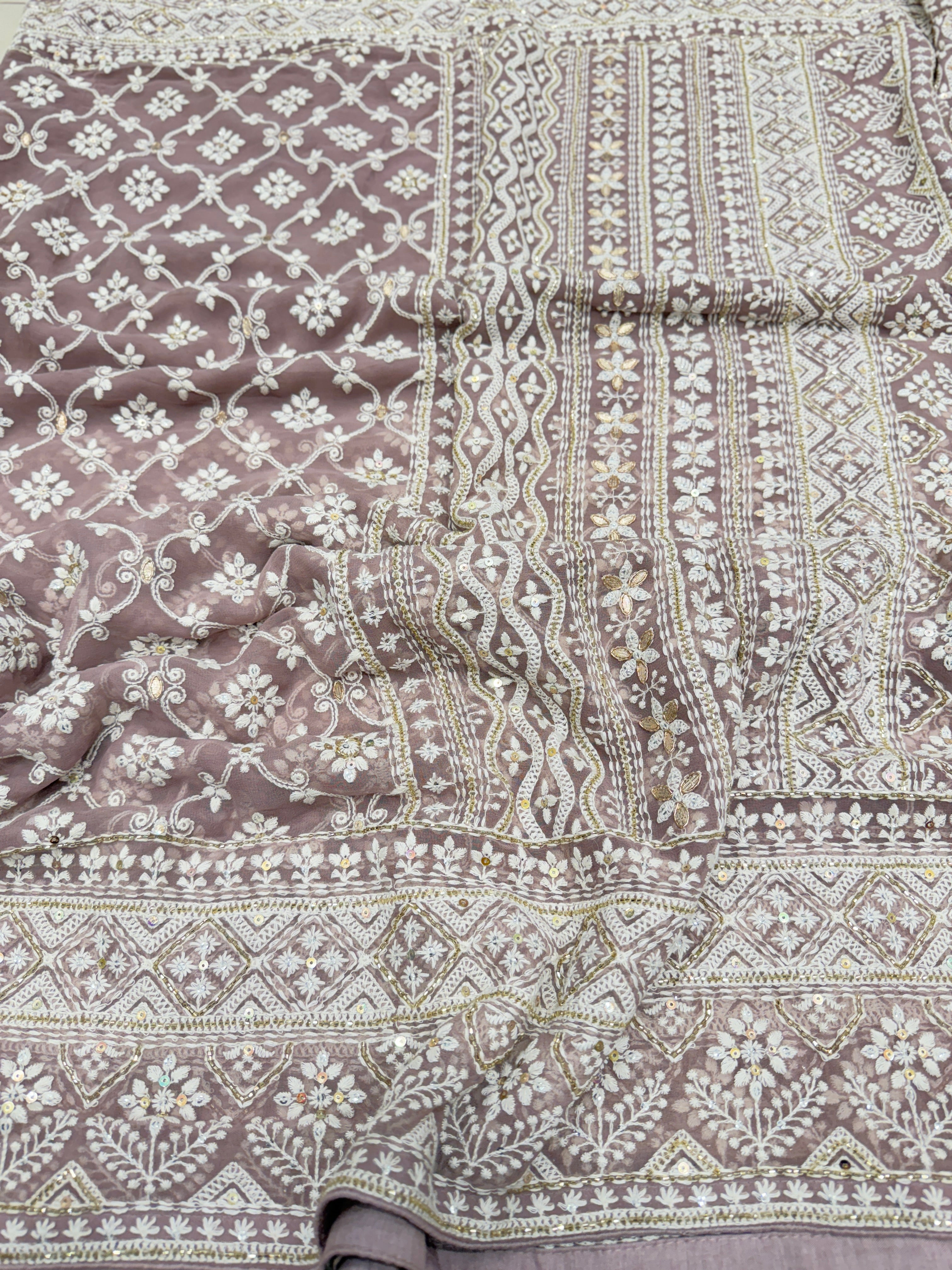 Mauve Pink Jaal Chikankari on Georgette with Cutdana Hand Embroidery