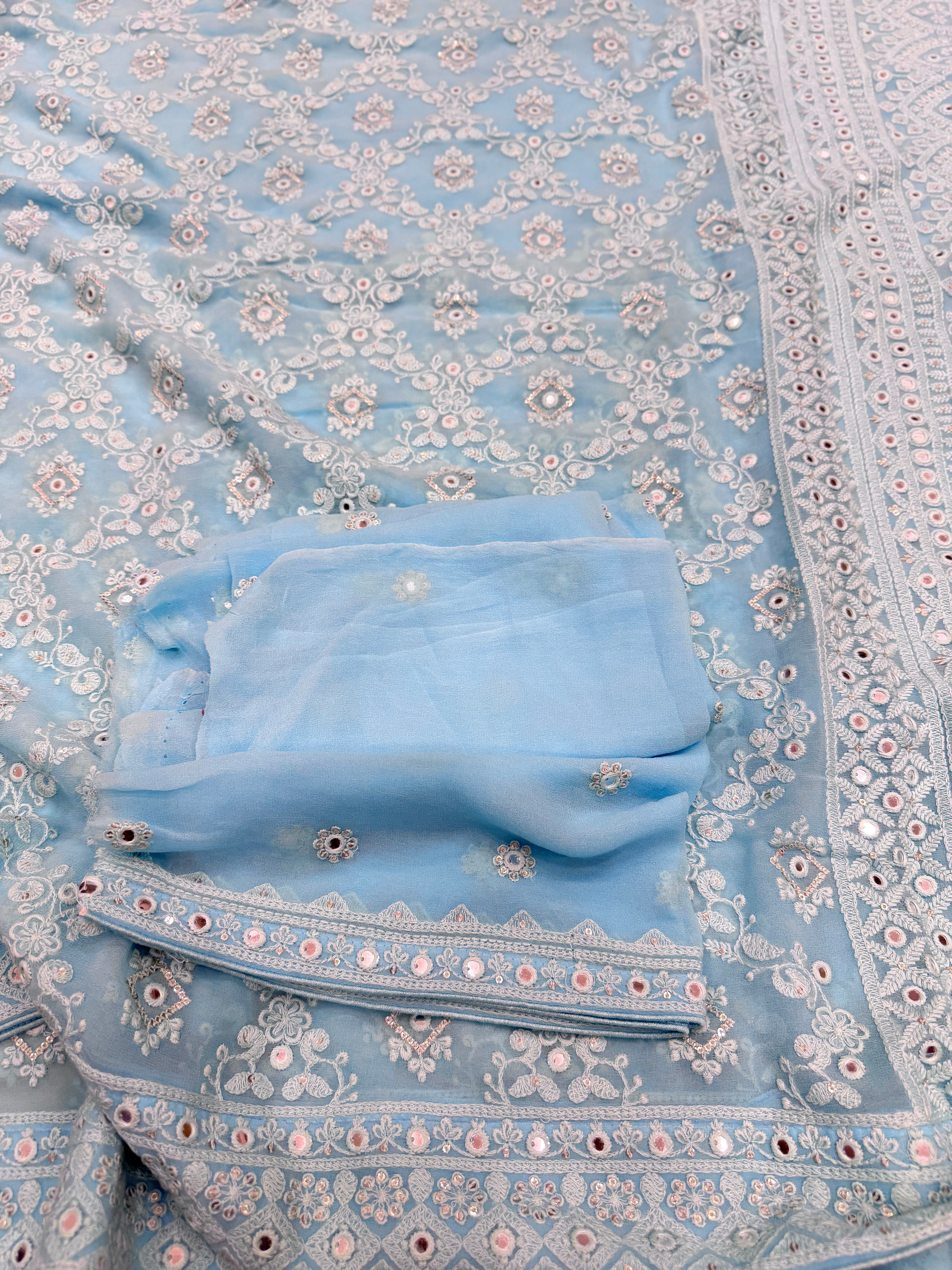 Light Blue Chikankari Jaal Georgette Resham Embroidery Saree