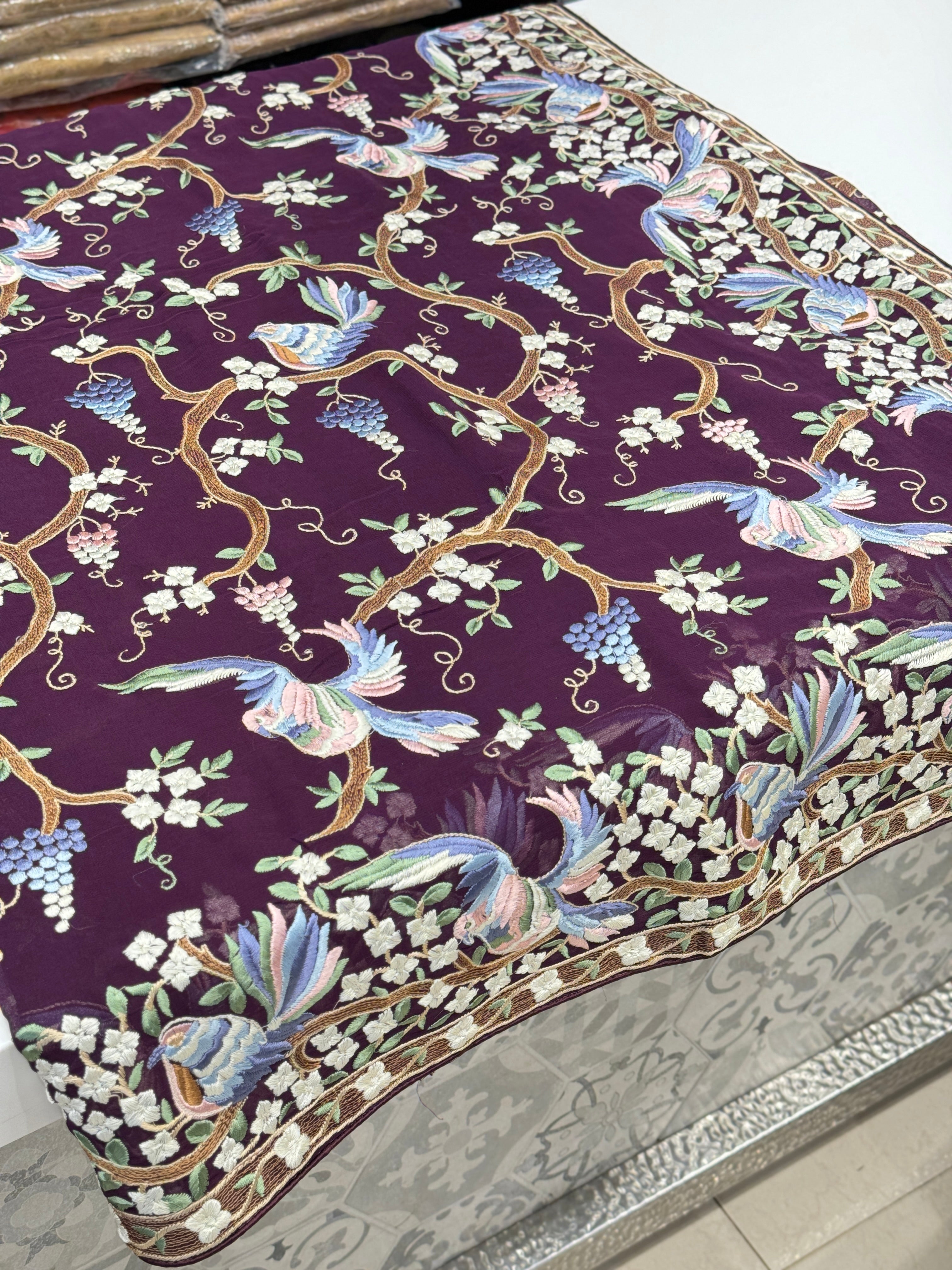 Wine Georgette Parsi Gara with Chakla Chakli Design Saree