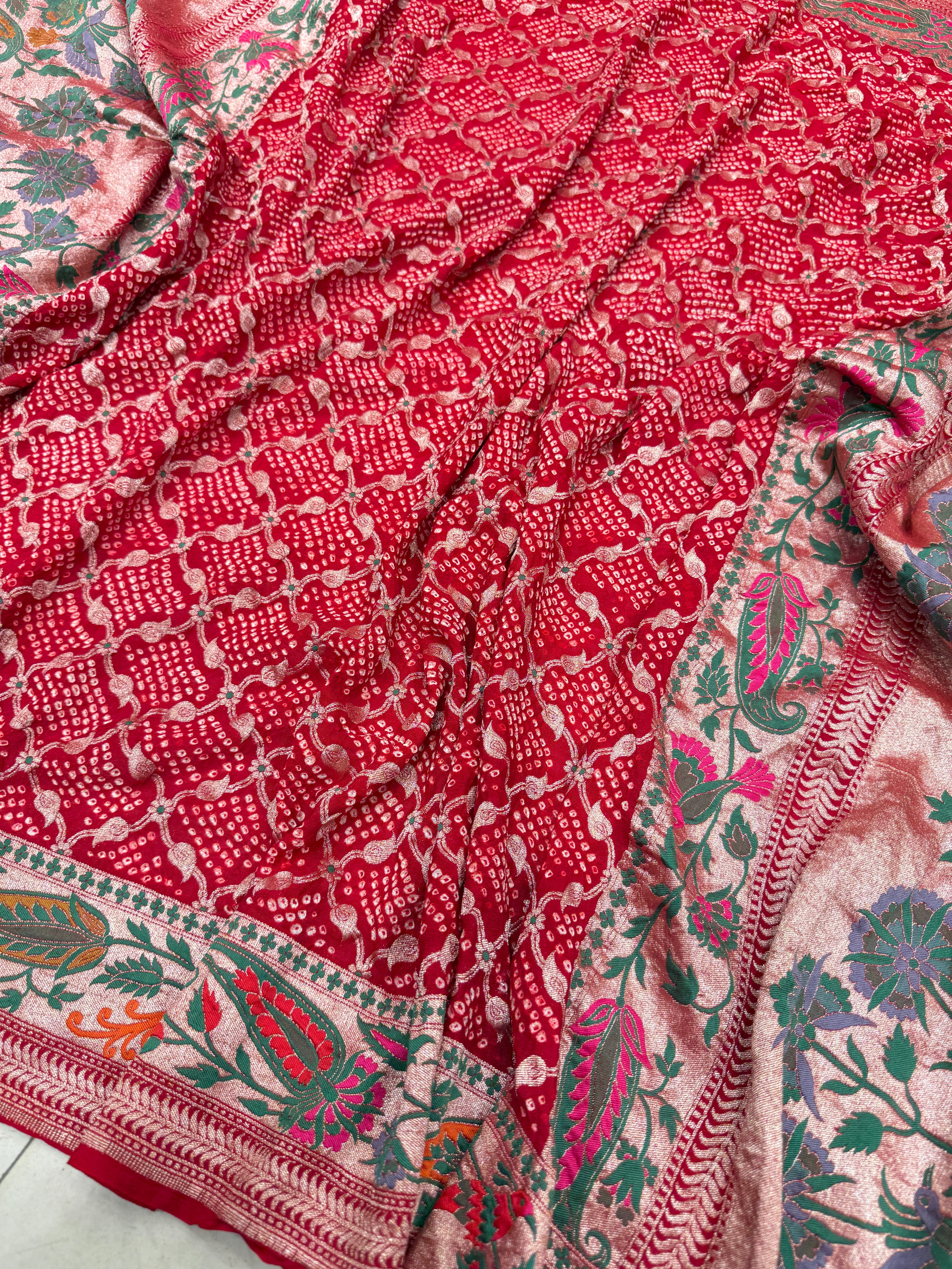 Red Handloom Floral Meenakari Rai Bandhej Pure Zari Dupatta