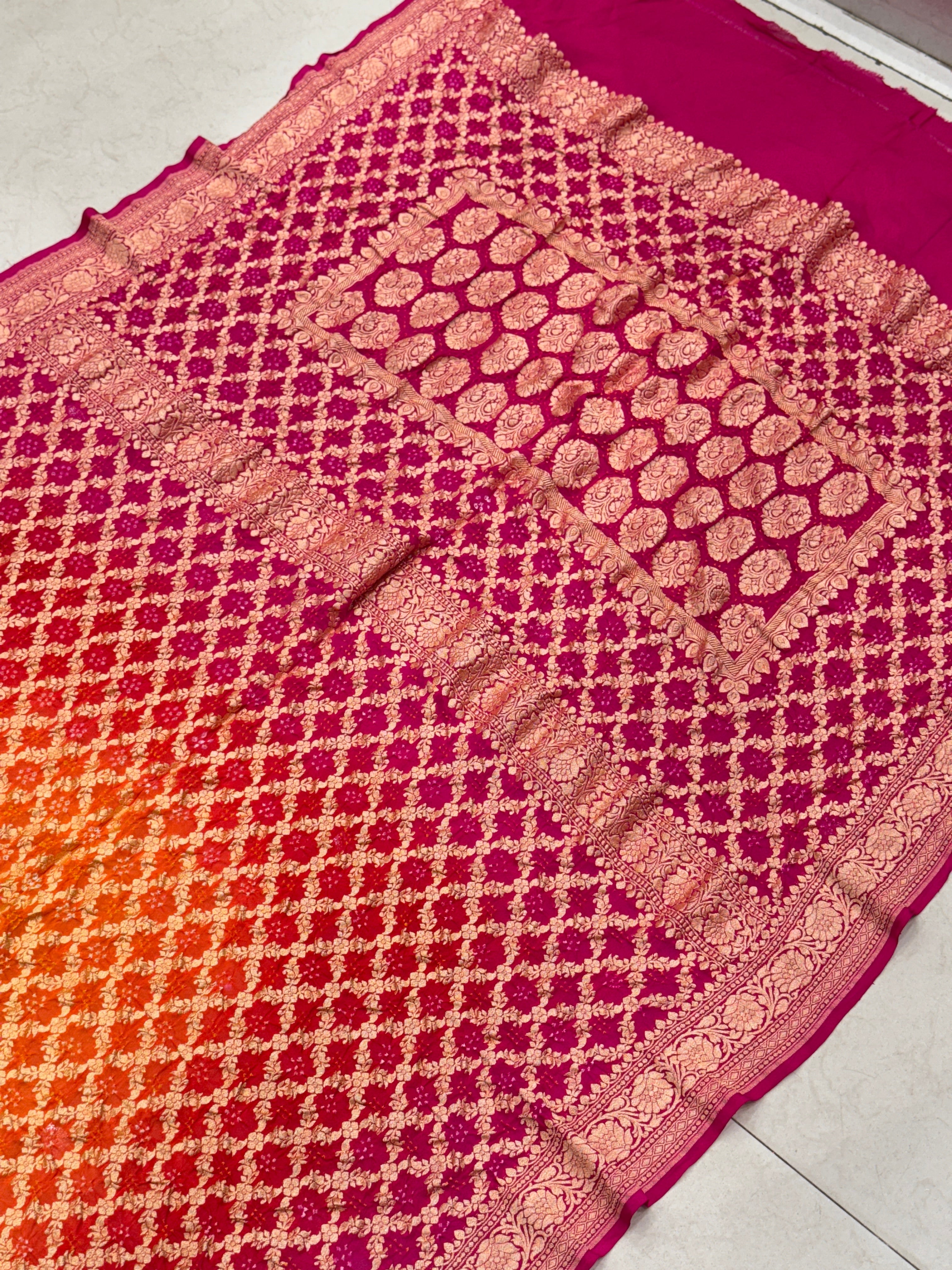 Shaded Orange Rani Block Pallu Bandhej Bandhini Saree