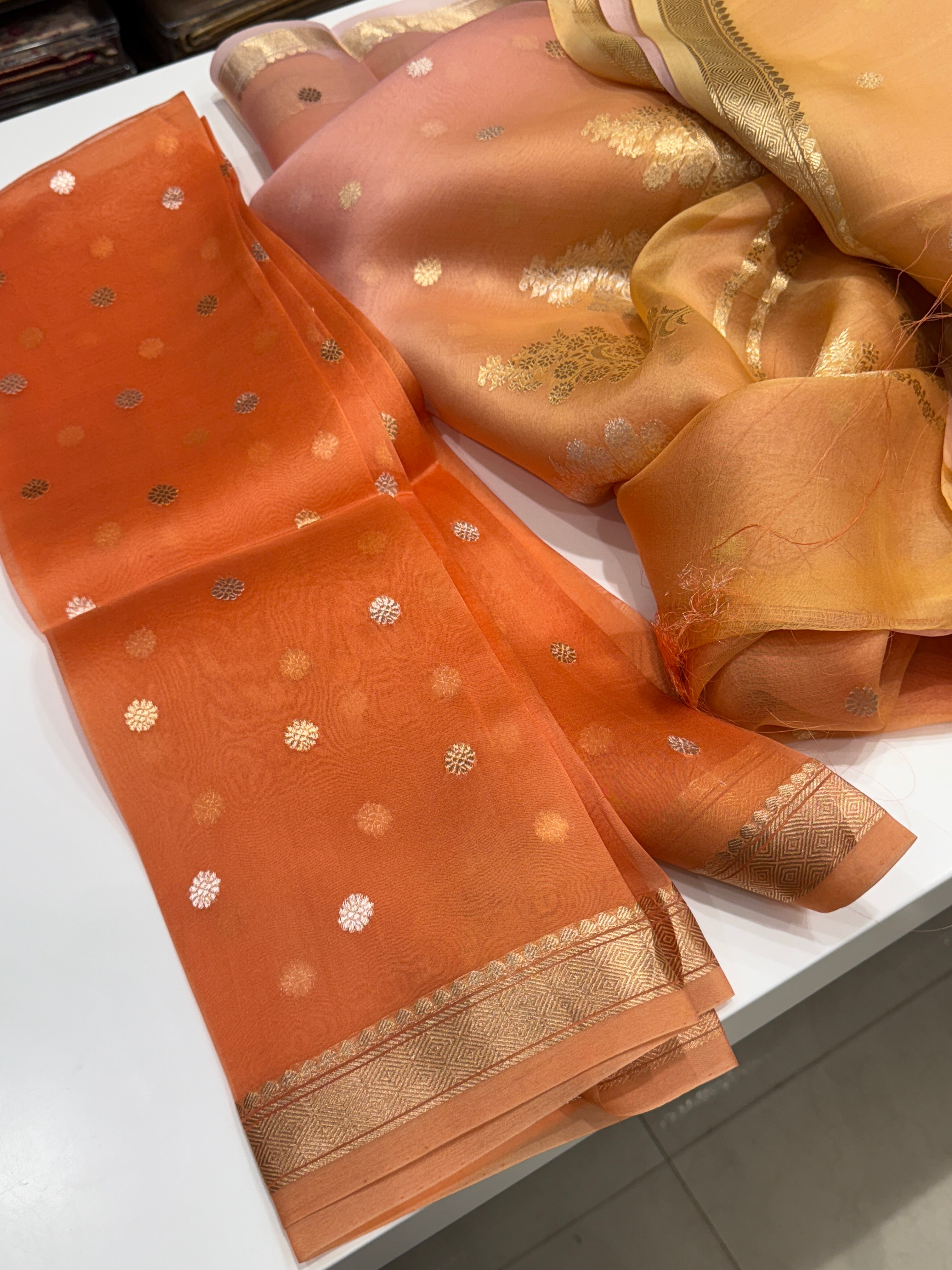 Orange Shaded Banarasi Handloom Kora Saree