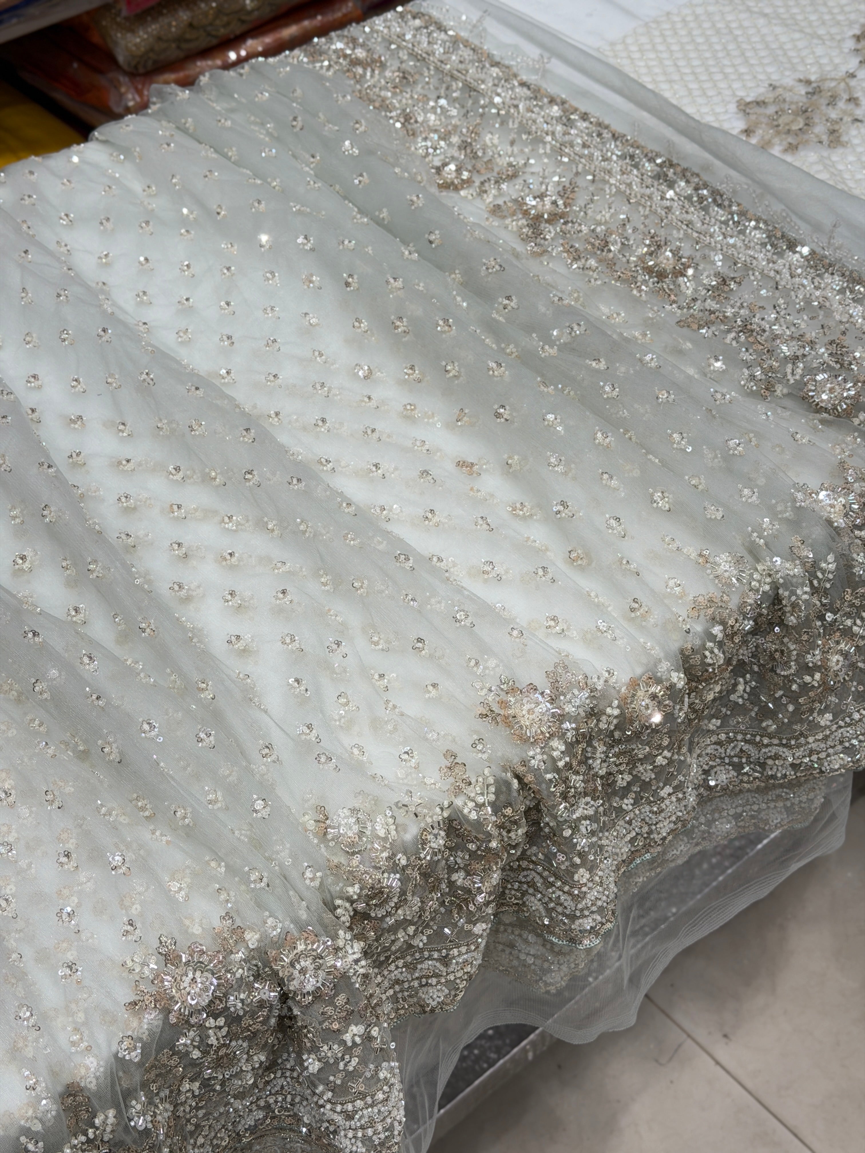 Light Blue Buttis Heavy Blouse Soft Net Embroidery Saree