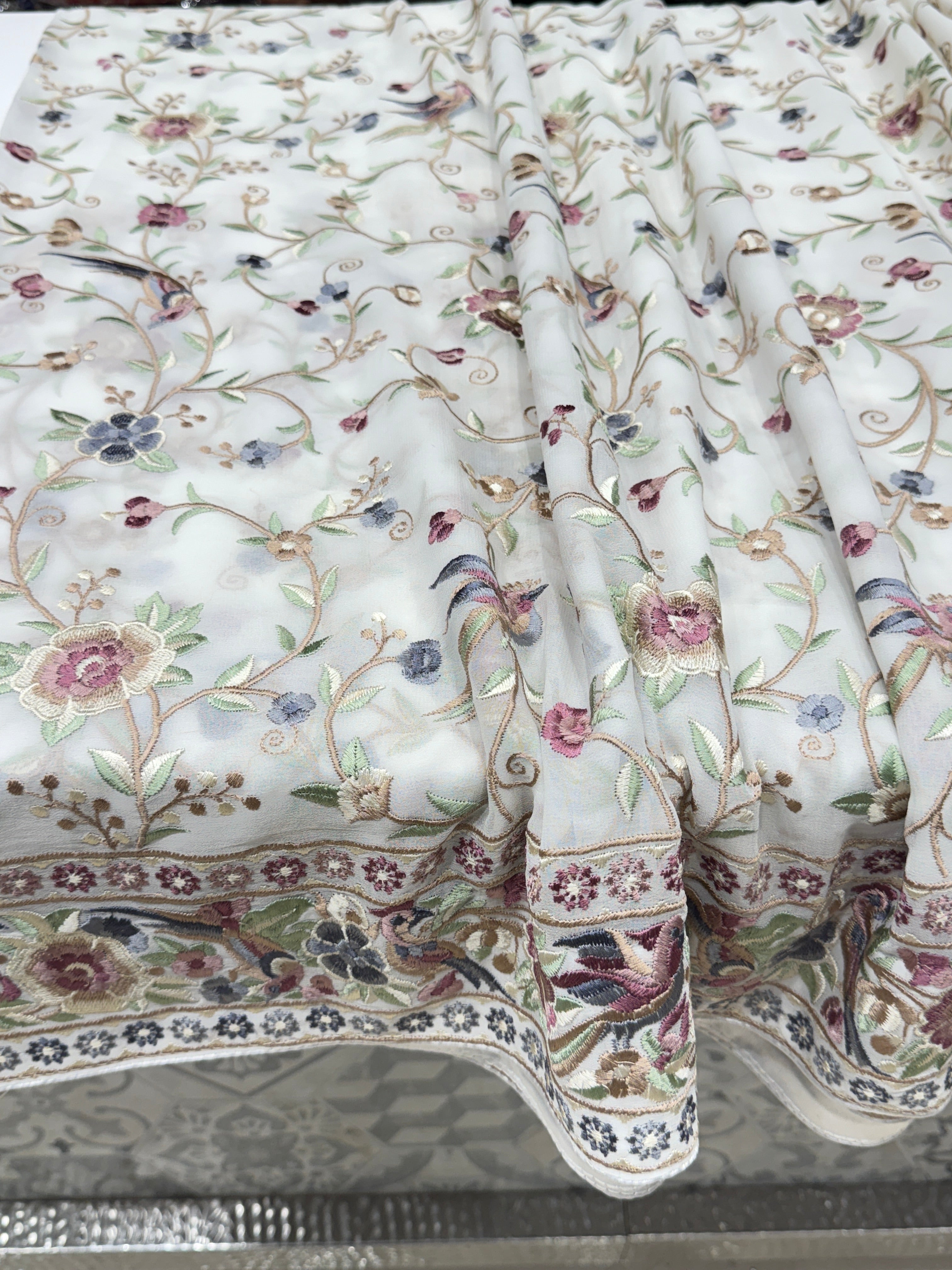 White Georgette Multi Colour Jaal Floral Parsi Gara Saree