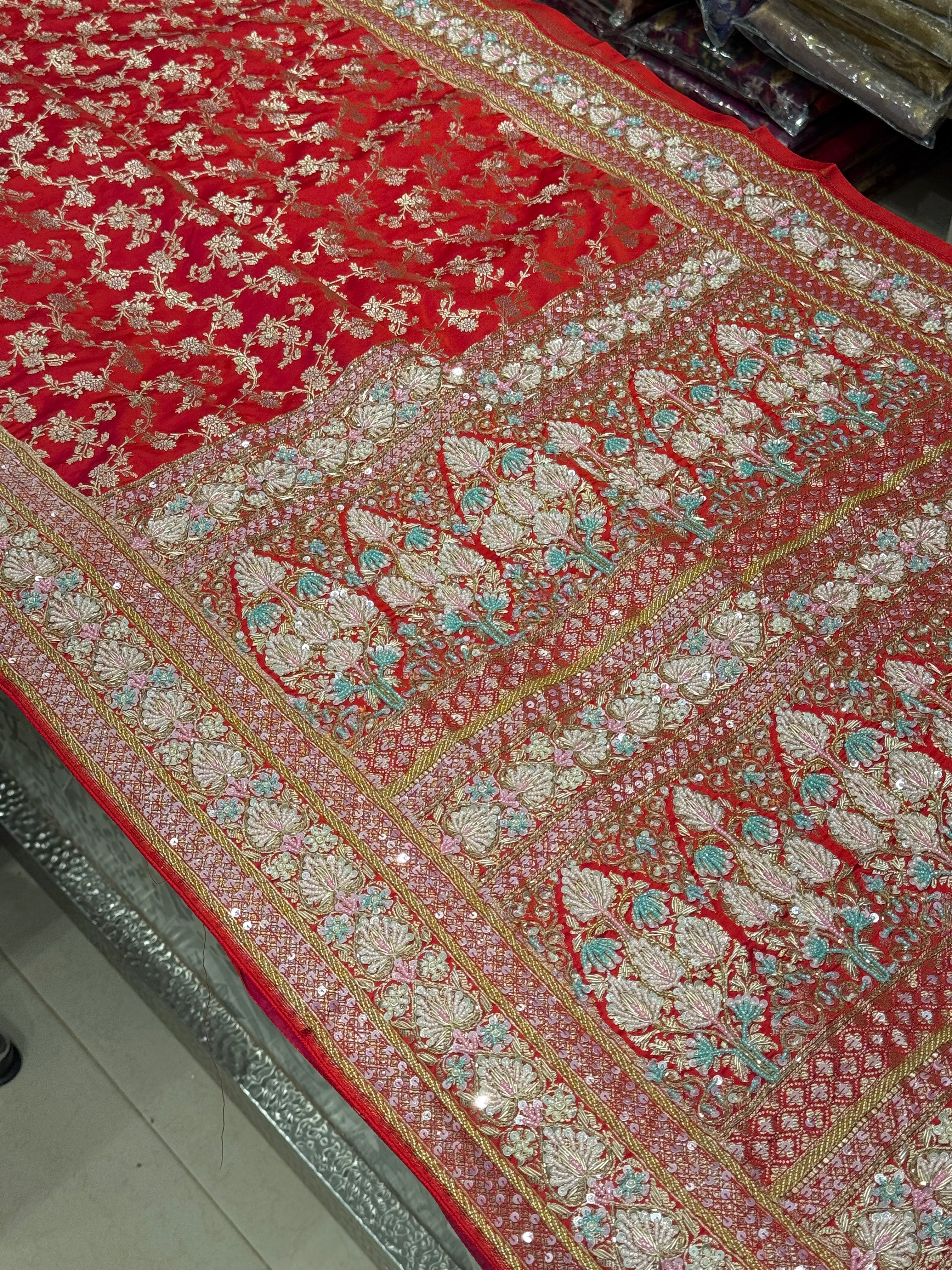 Red Banarasi Silk Heart Border Fancy Hand Embroidery Saree