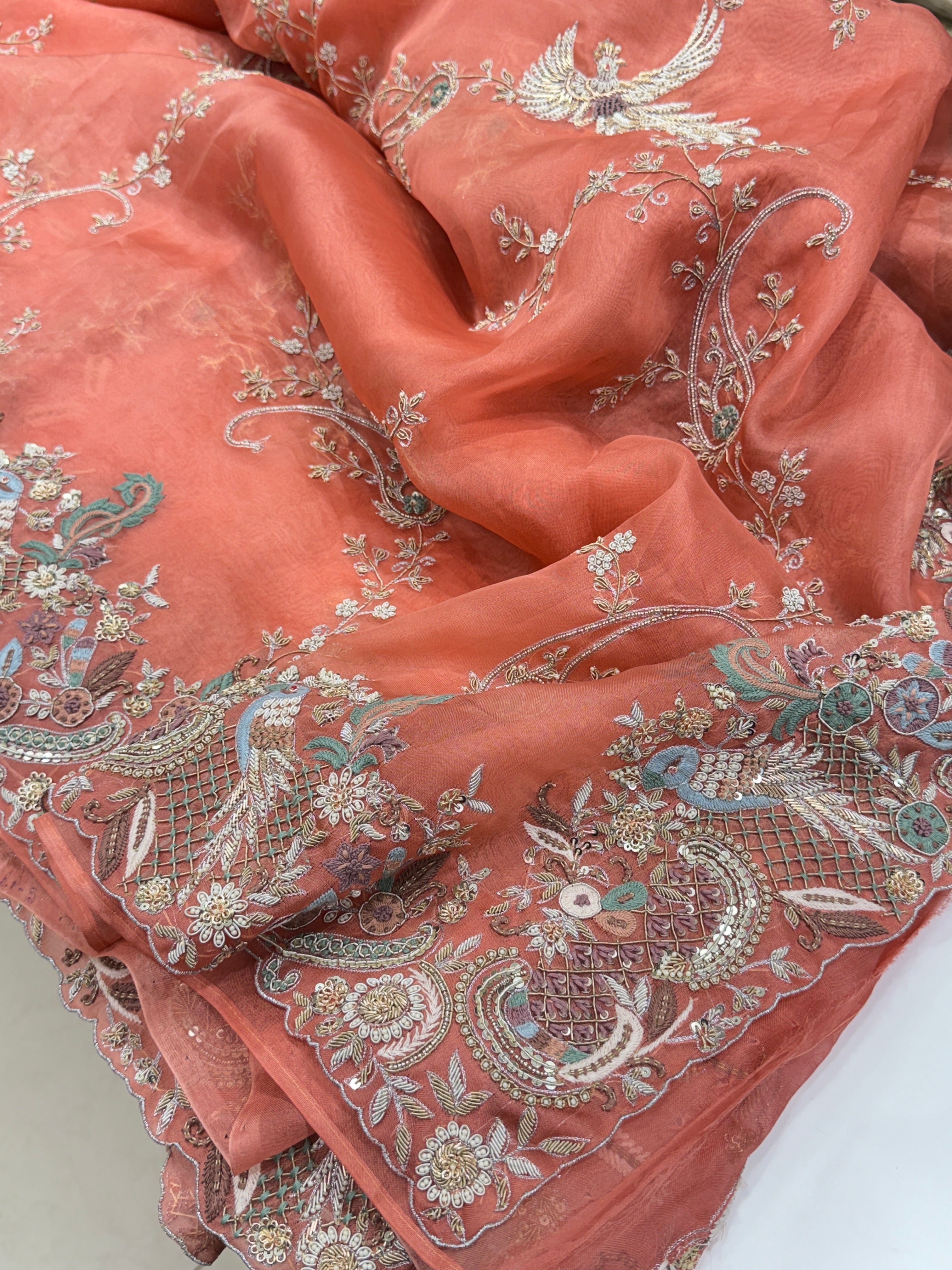 Peach Organza Zardosi Jaal Hand Embroidery Saree