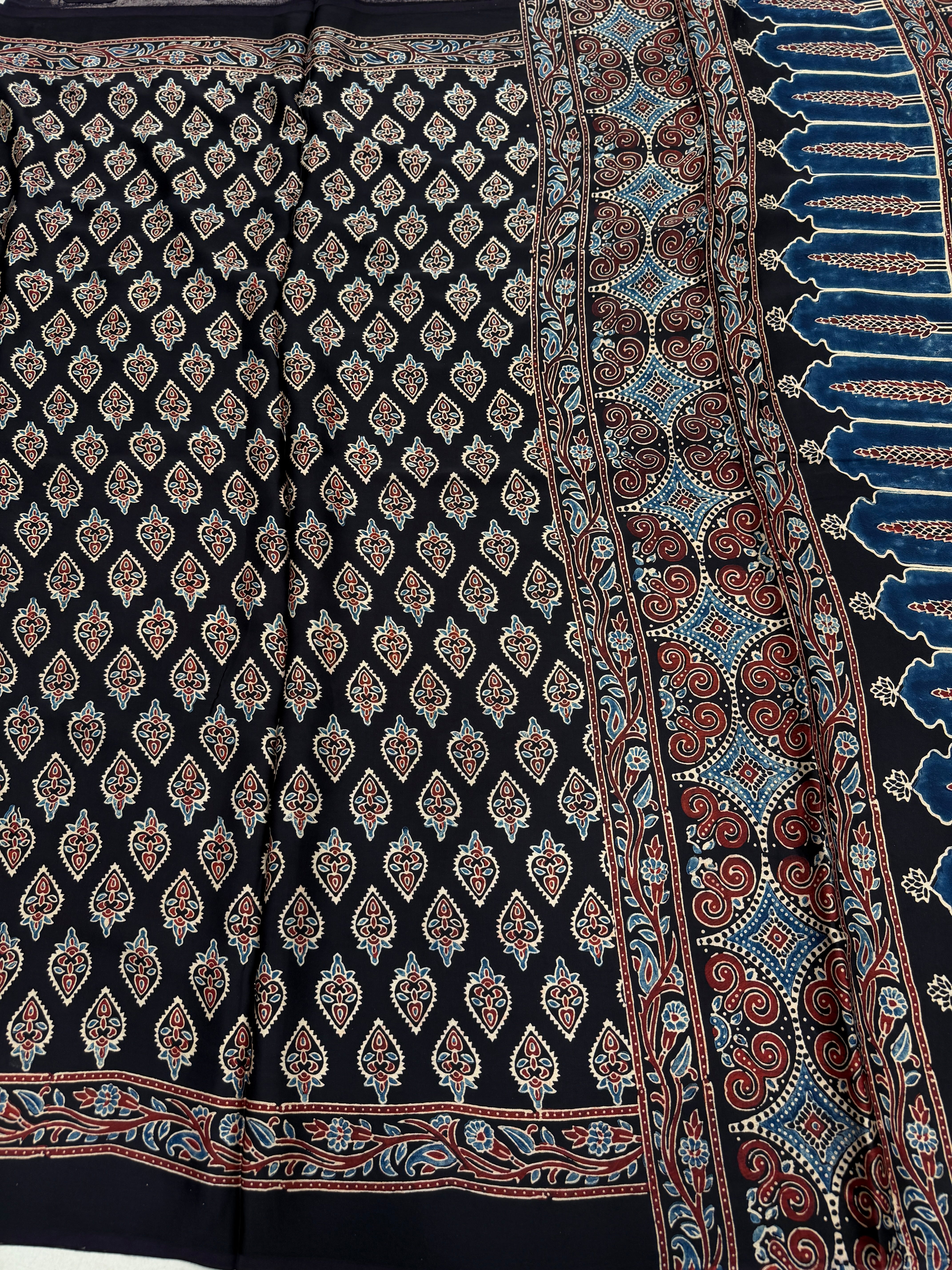 Black Keri Butta Ajrakh Block Print Hand Pure Gajji Silk Saree