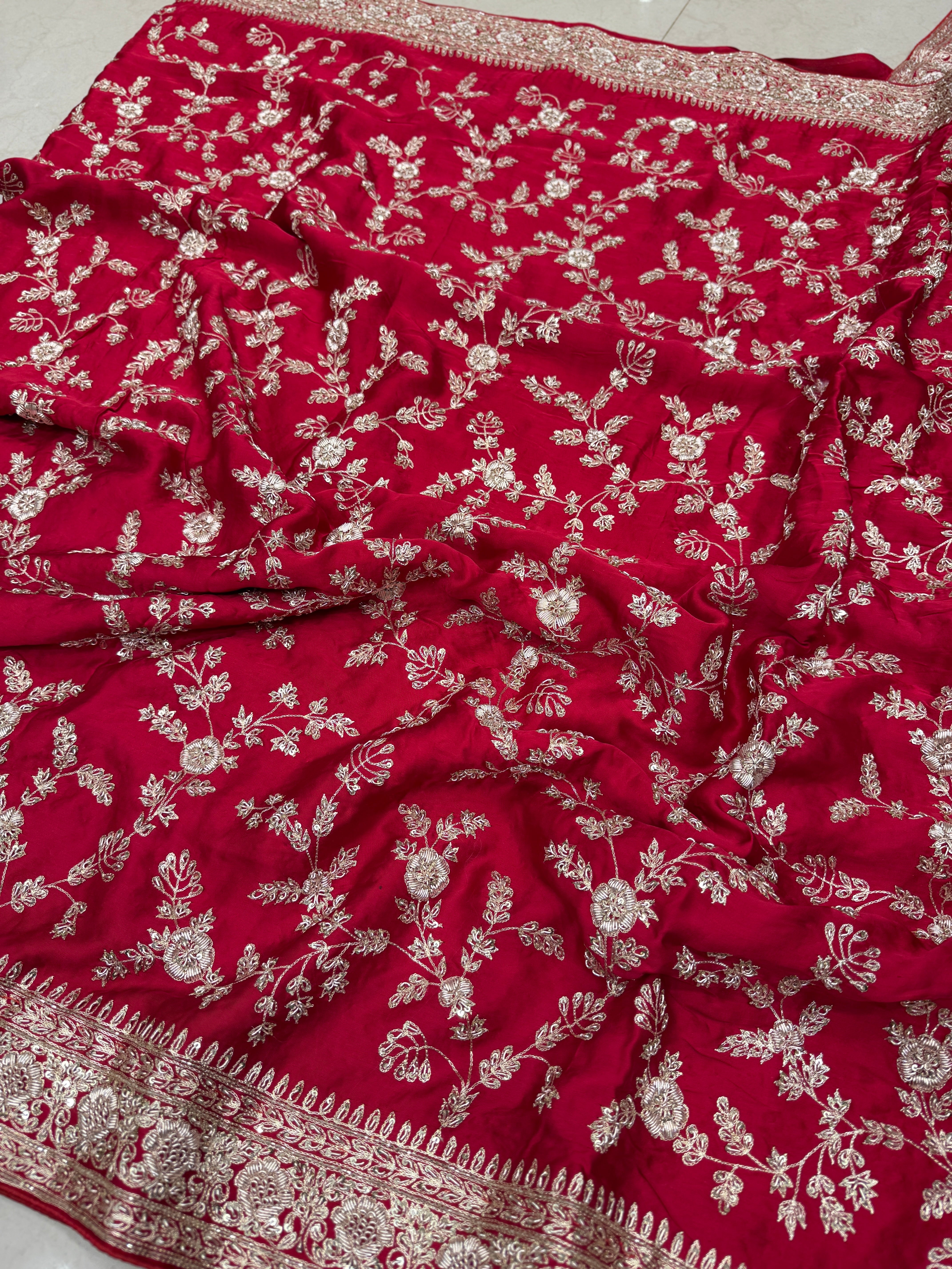 Red Hand Embroidery Mughal Jaal Pure Satin Zardosi Embroidery