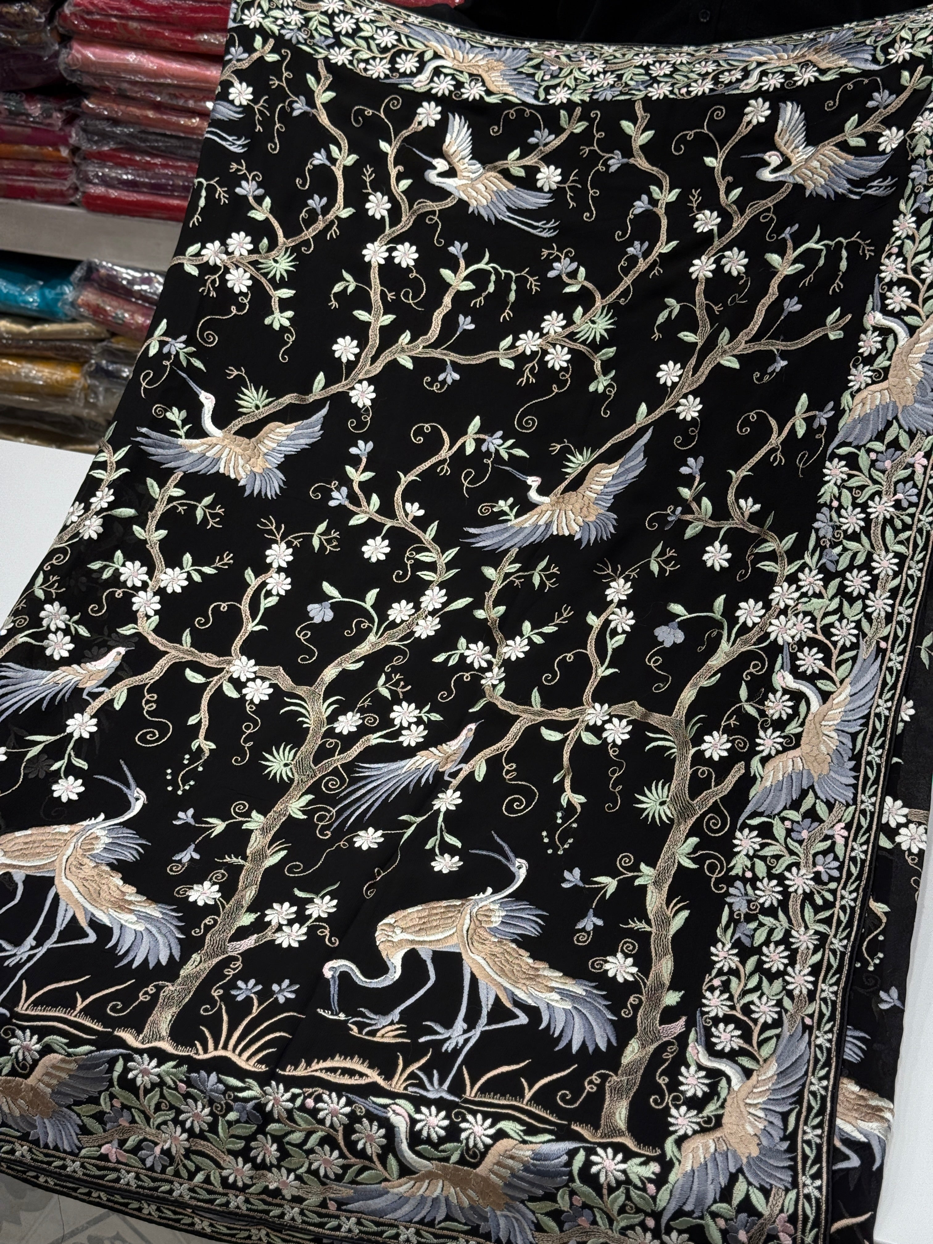 Black Tree Of Life Flamingo Parsi Gara Saree