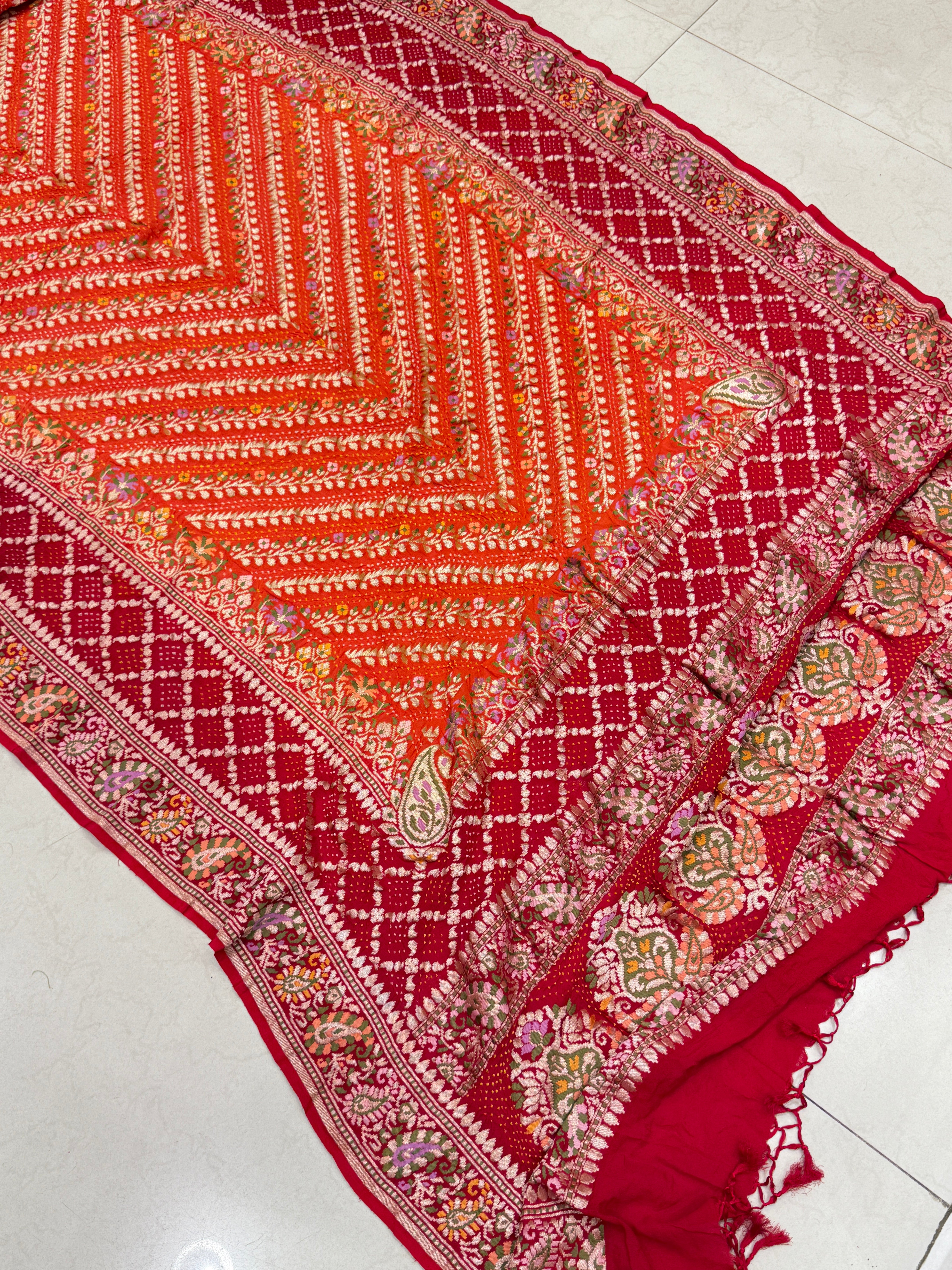 Orange Red Double Border Meenakari Rai Bandhej Georgette Bandhini Saree