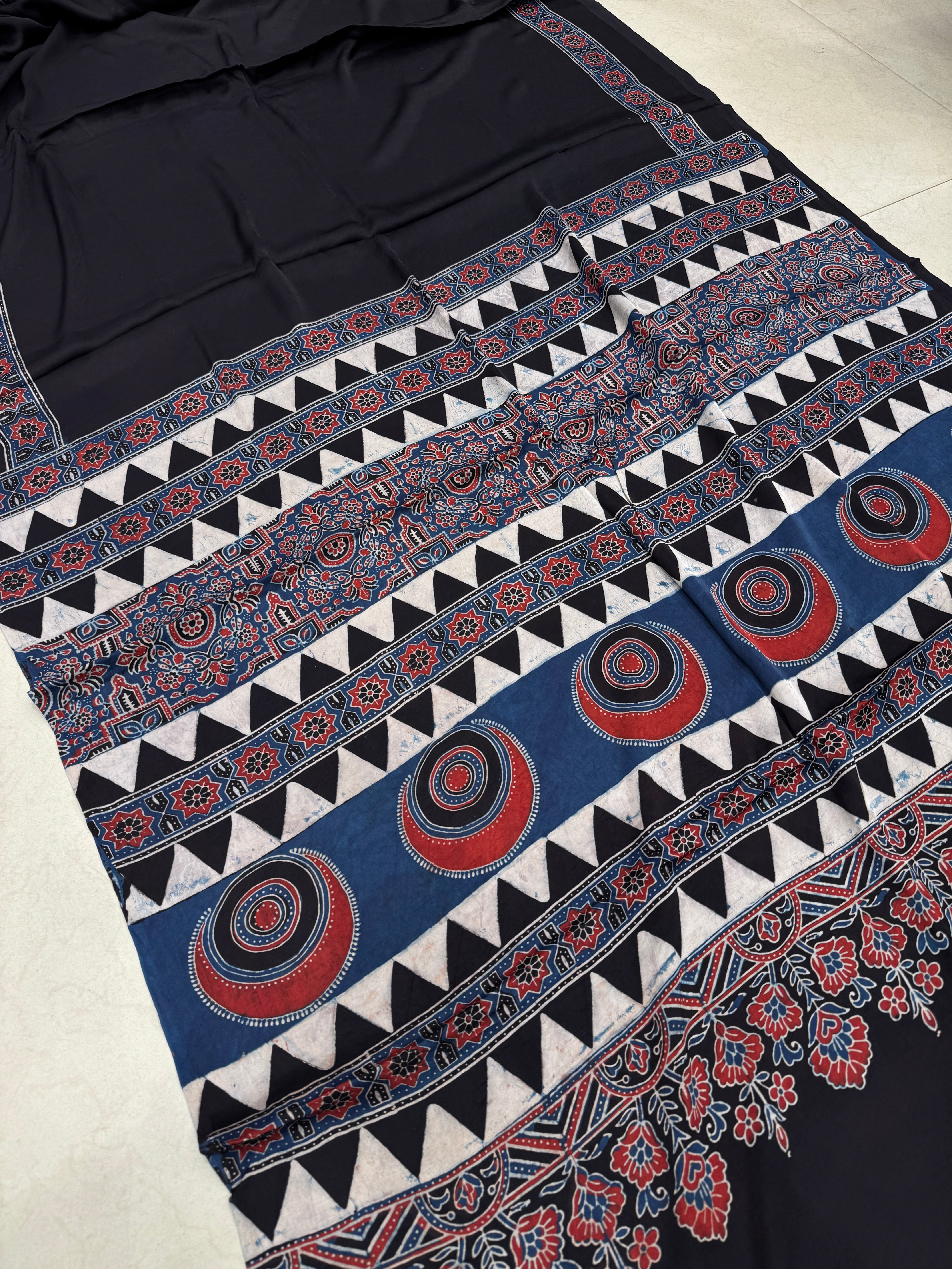 Black Contemporary Pallu Hand Block Print Ajrkah Pure Gajji Silk Saree