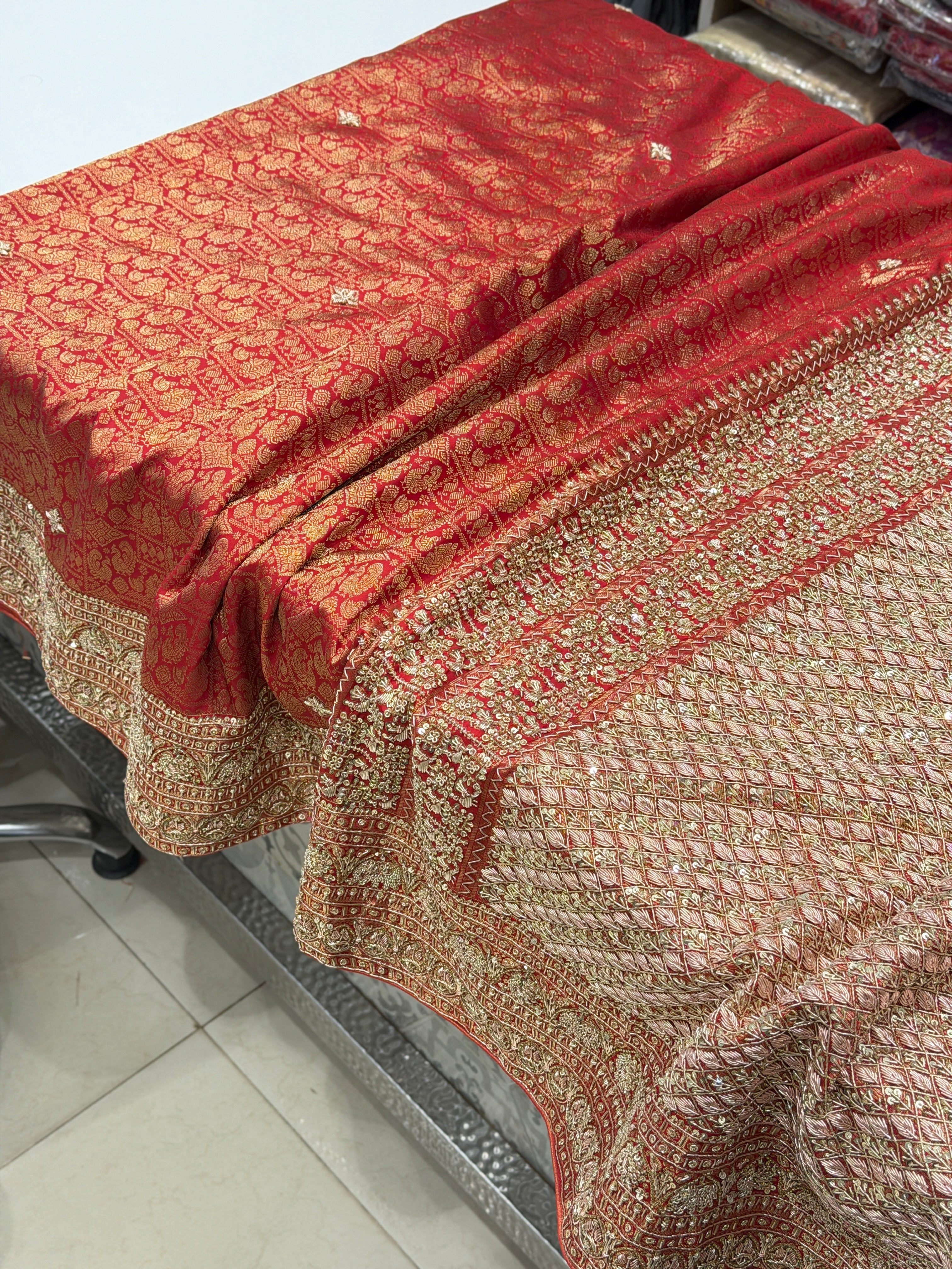 Red Pure Silk Kanjivaram Hand Embroidery Zardozi Saree