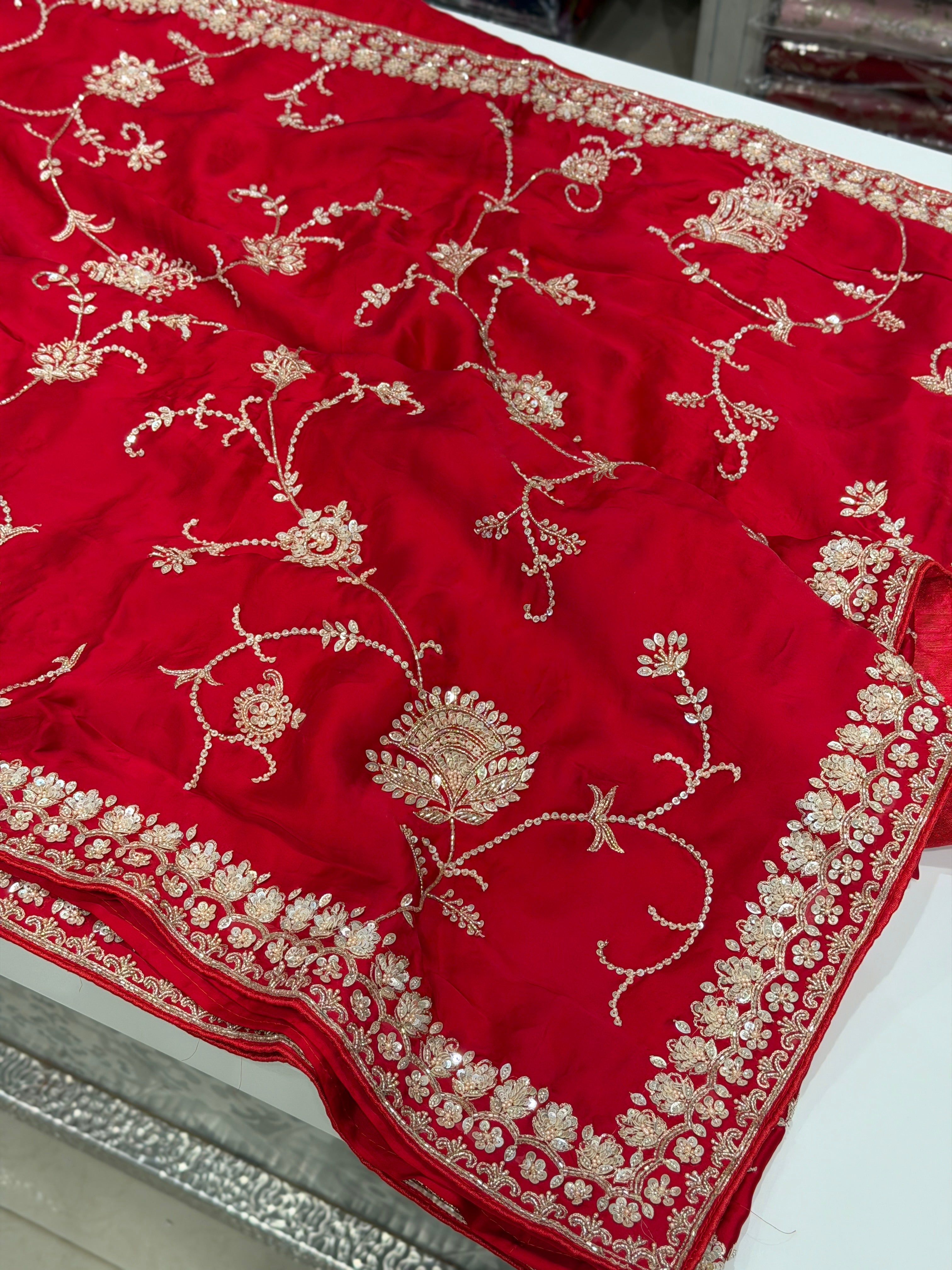 Red Satin Floral Jaal Hand Embroidery Saree