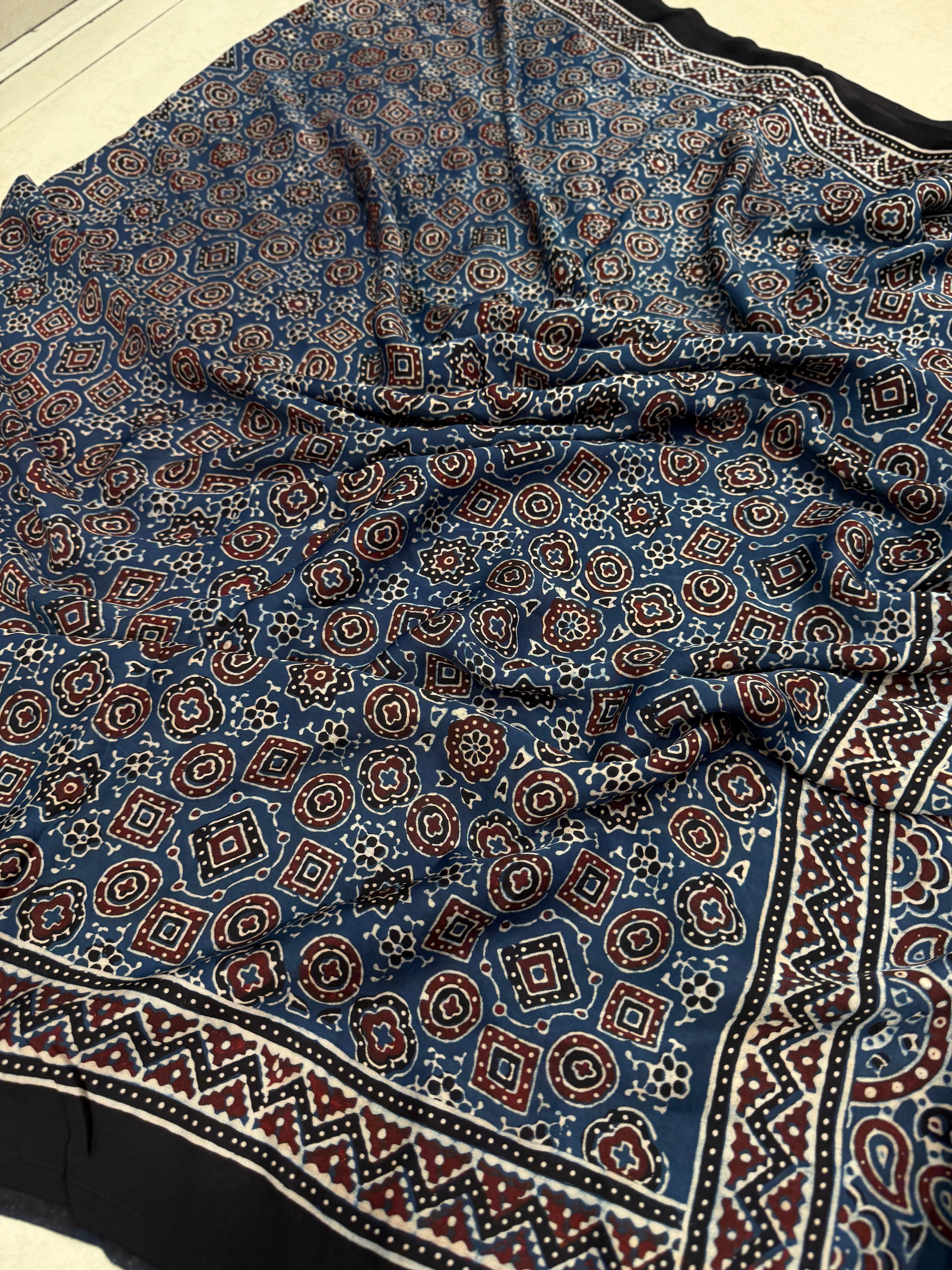 Blue Brown Ajrakh Hand Block Print Pure Gajji Silk Saree