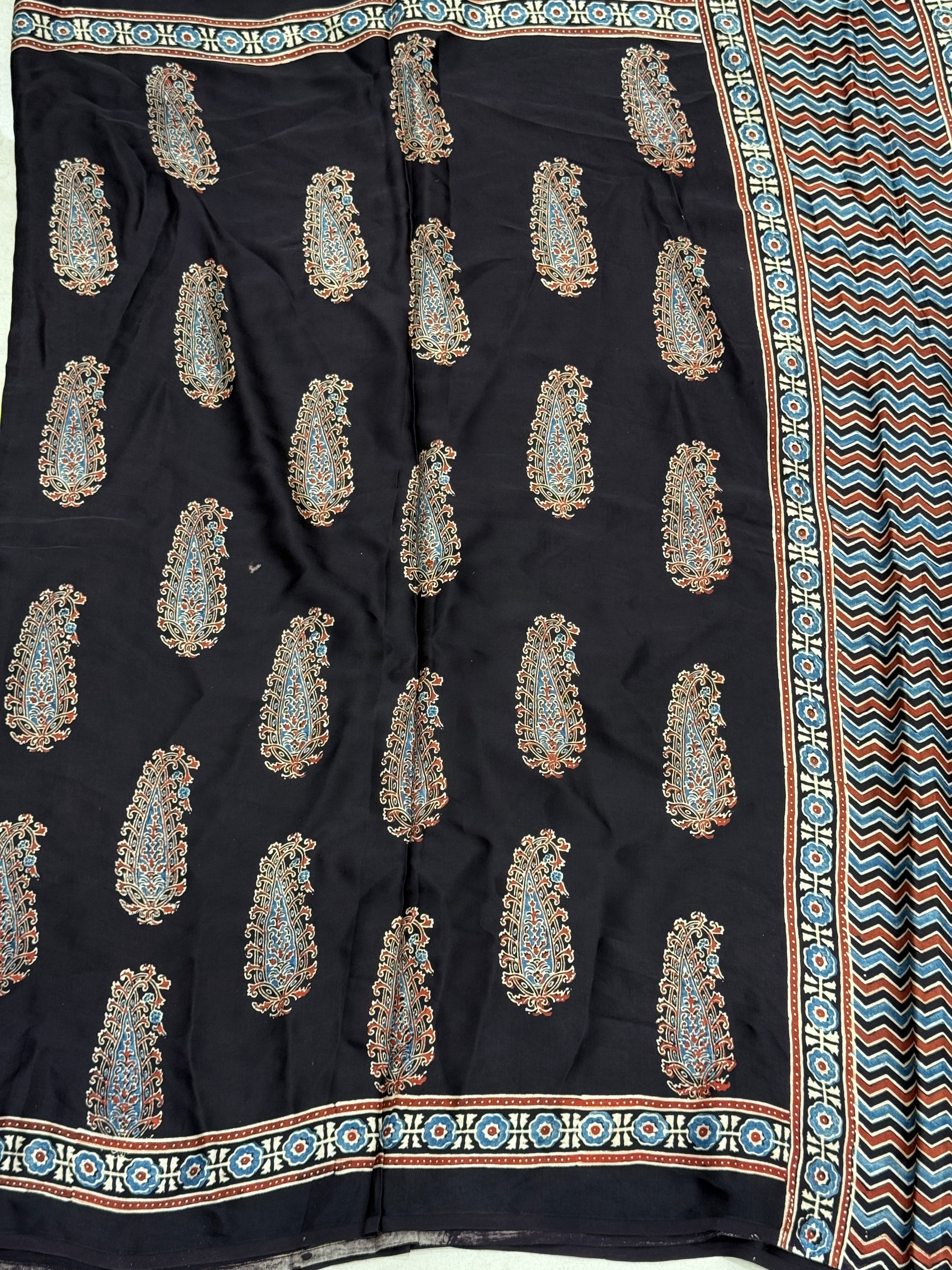 Black Big Keari Butta Ajrakh Block Print Hand Pure Gajji Silk Saree