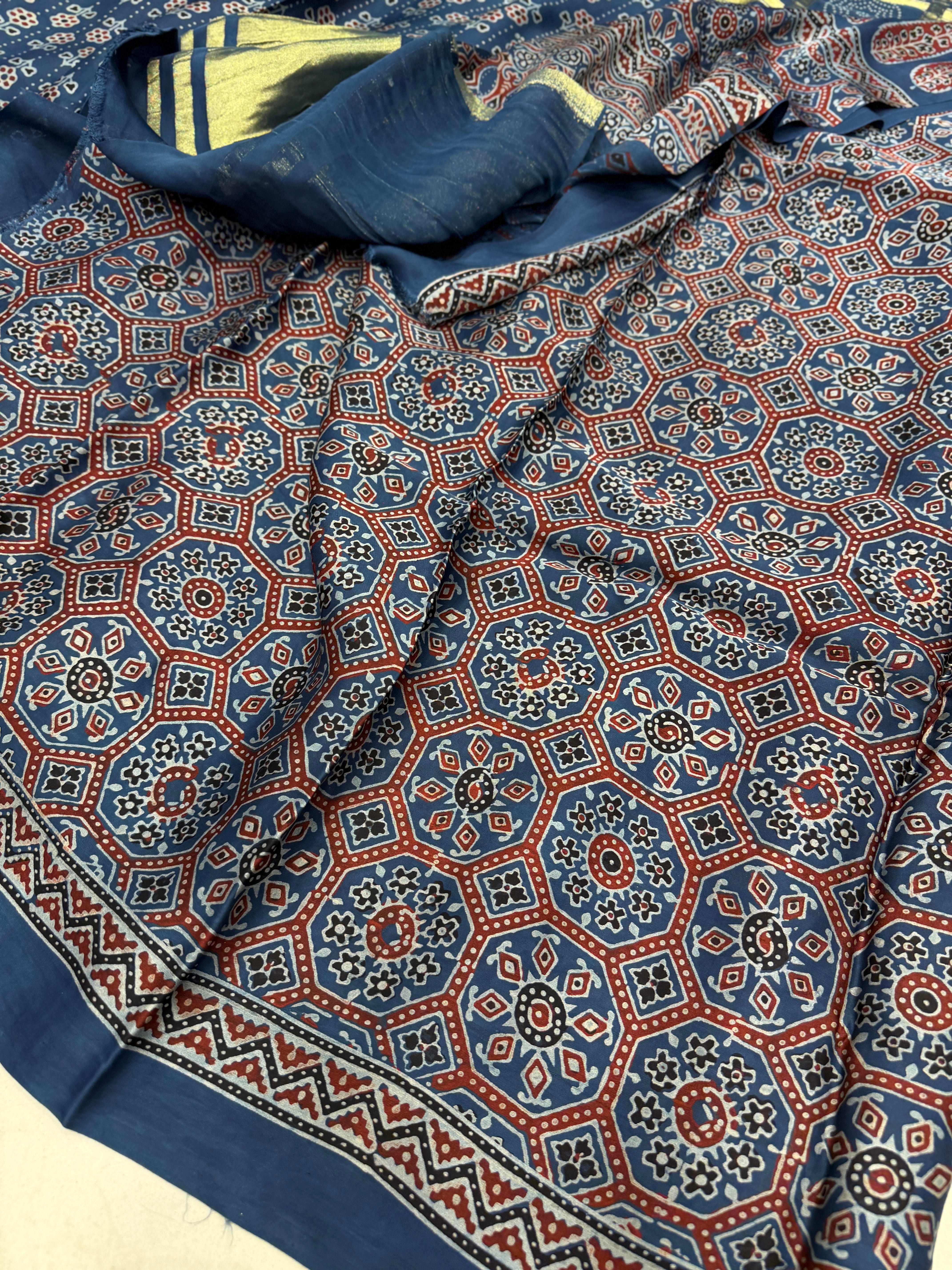 Blue Checks Border Lagdipatta Ajrakh Hand Block Print Pure Modal Silk Saree