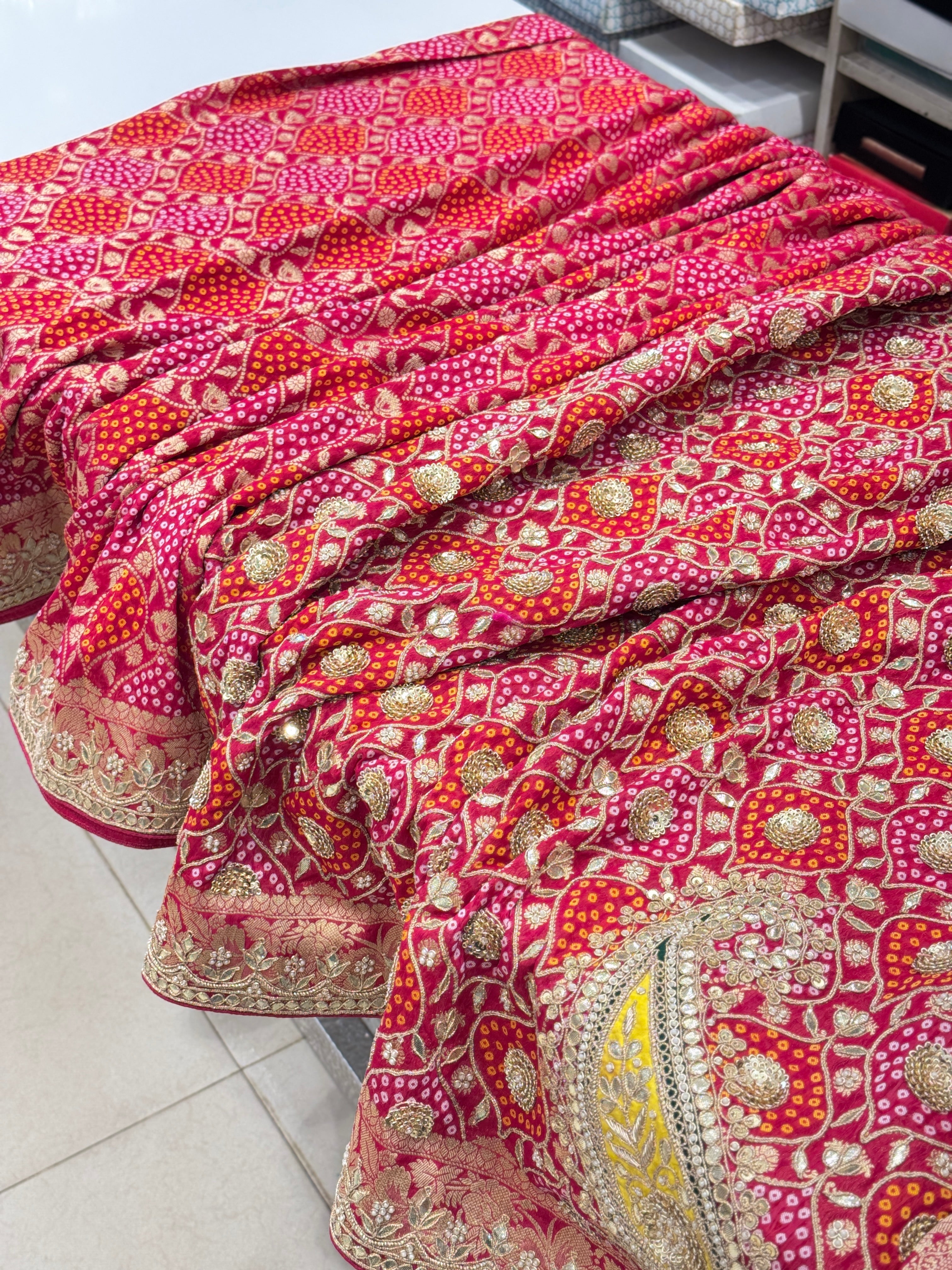Rani Pink Georgette Woven Bandhej Gotapatti Zardosi Hand Embroidery Saree