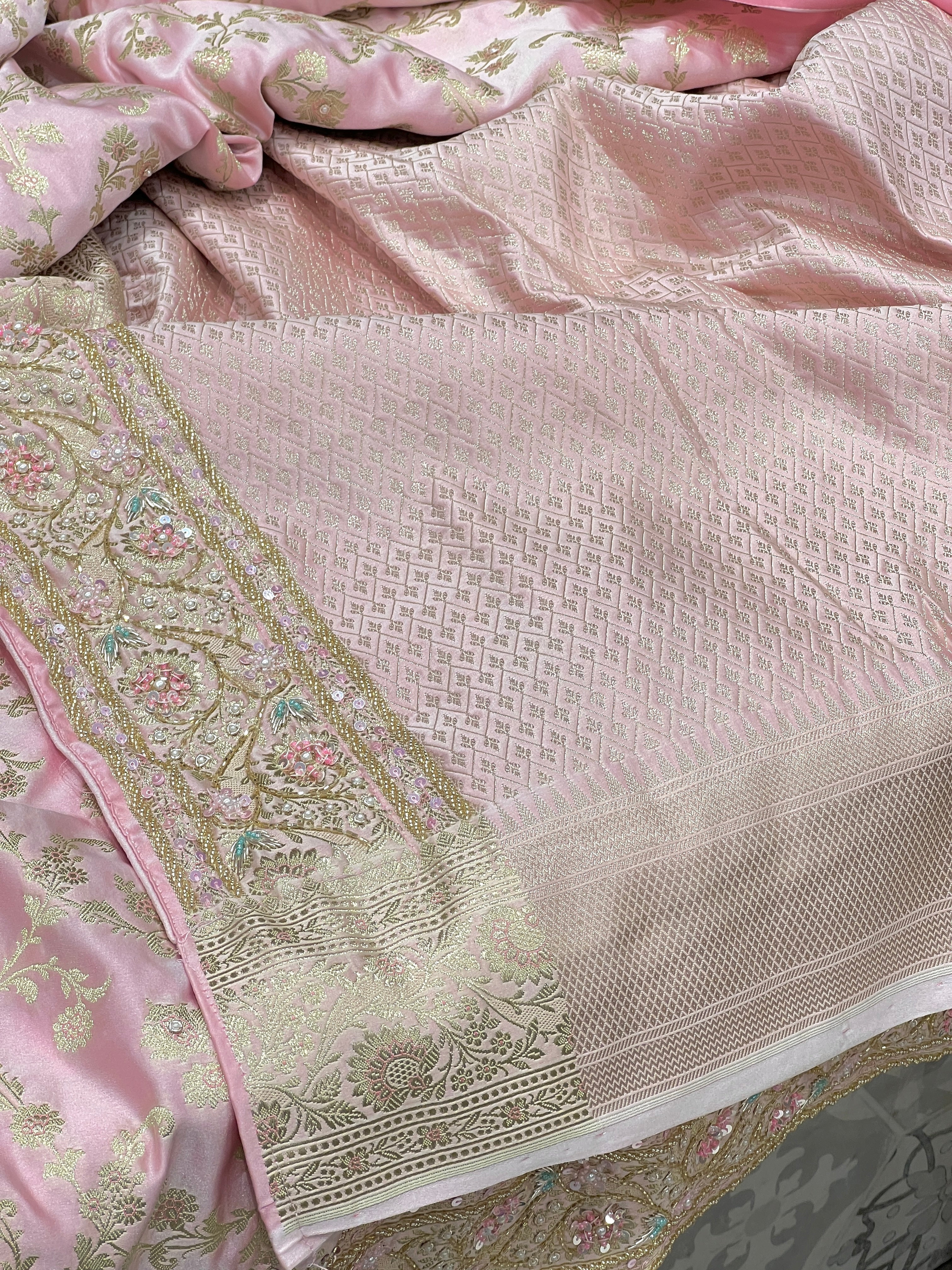 Pink Banarasi Upside Down Border Fancy Hand Embroidery Saree