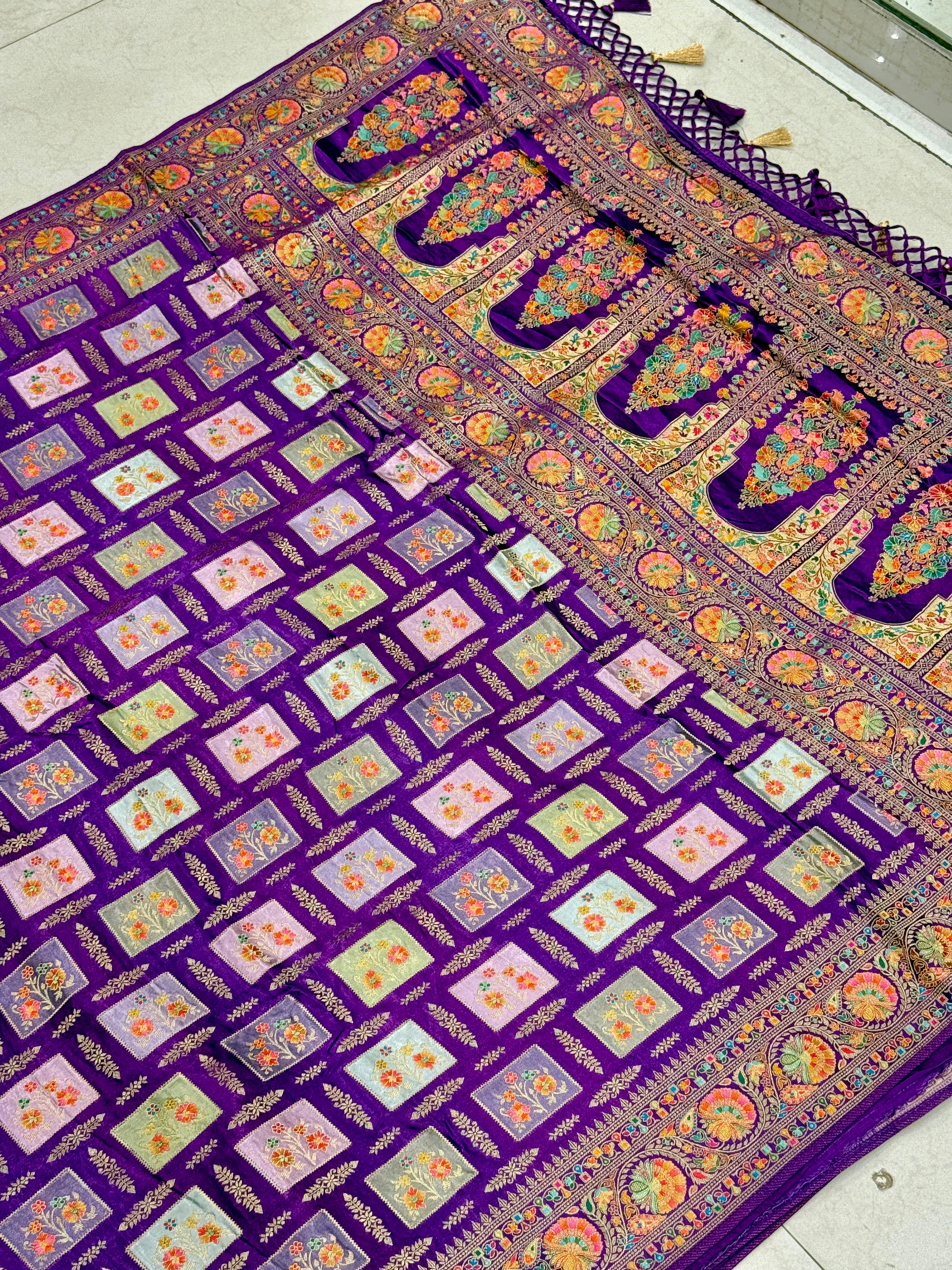Violet Box Check Banarasi Modal Satin Rangkat Saree