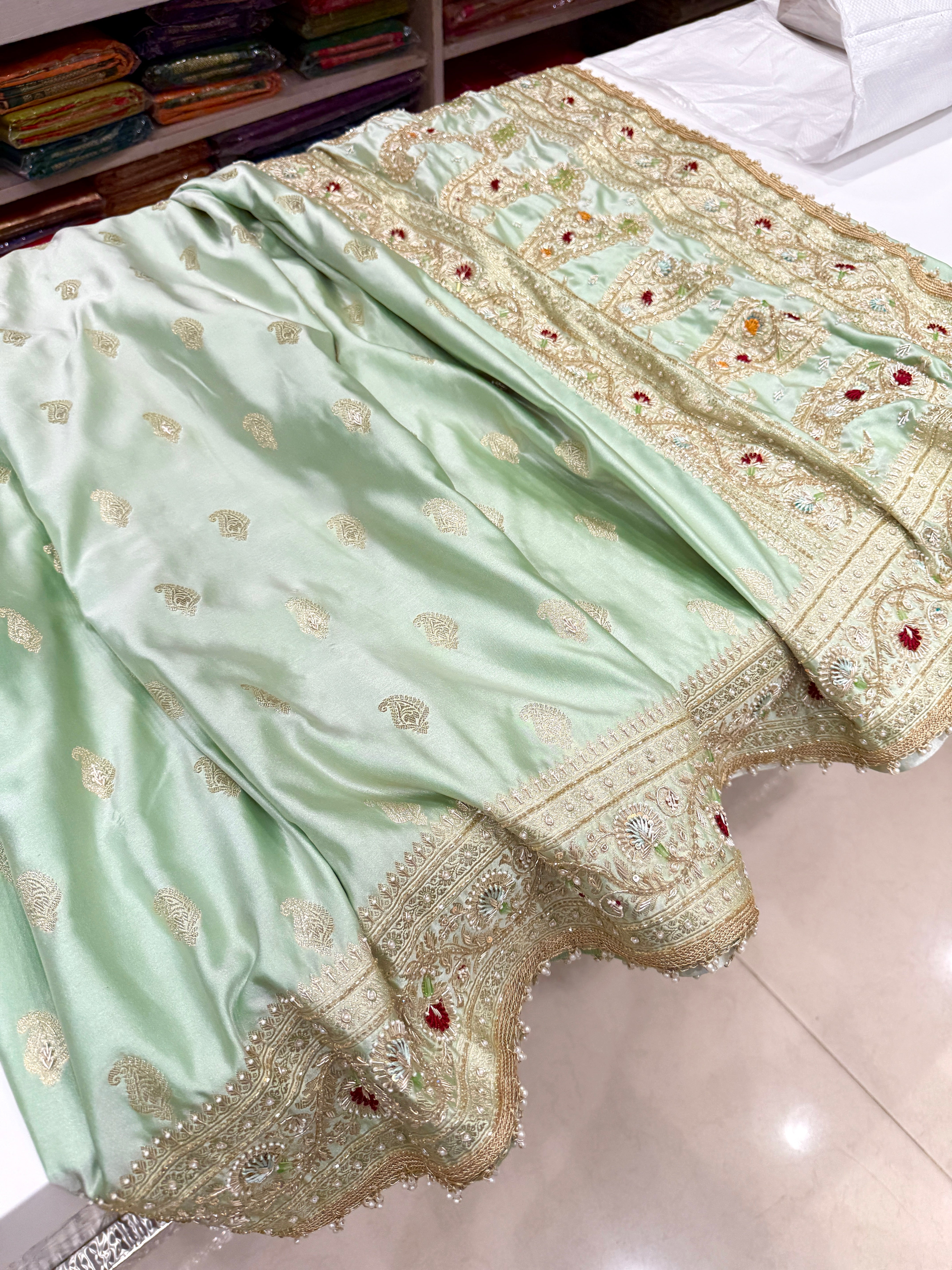 Pista Green Banarasi Meenakari Buttis Zardosi Knot Embroidery Saree