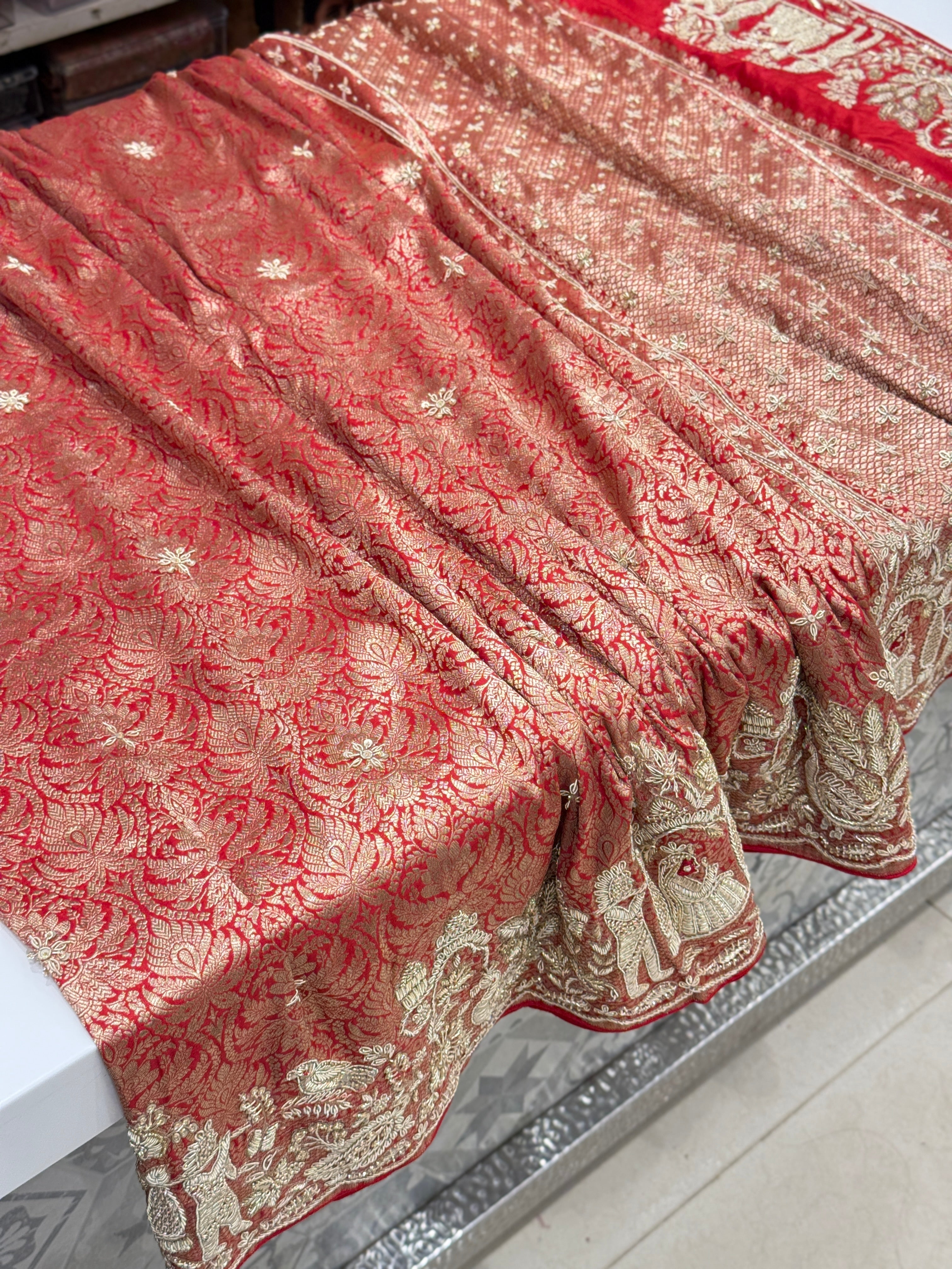 Red Banarasi Katan Doli Edit Zardosi Saree