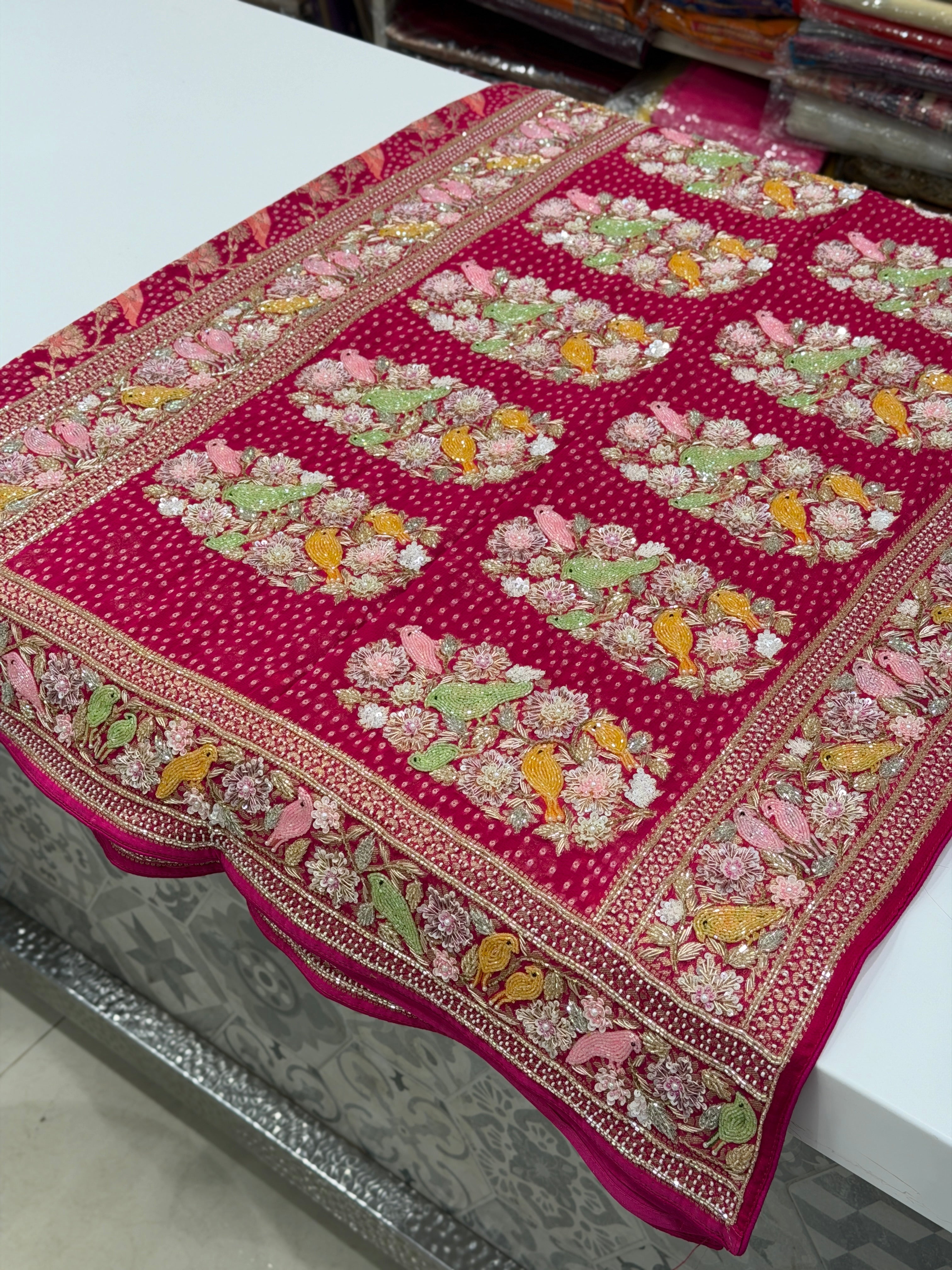 Rani Pink Weaved Bandhej Parrot Motifs Georgette Moti Zardodi Hand Embroidery Saree