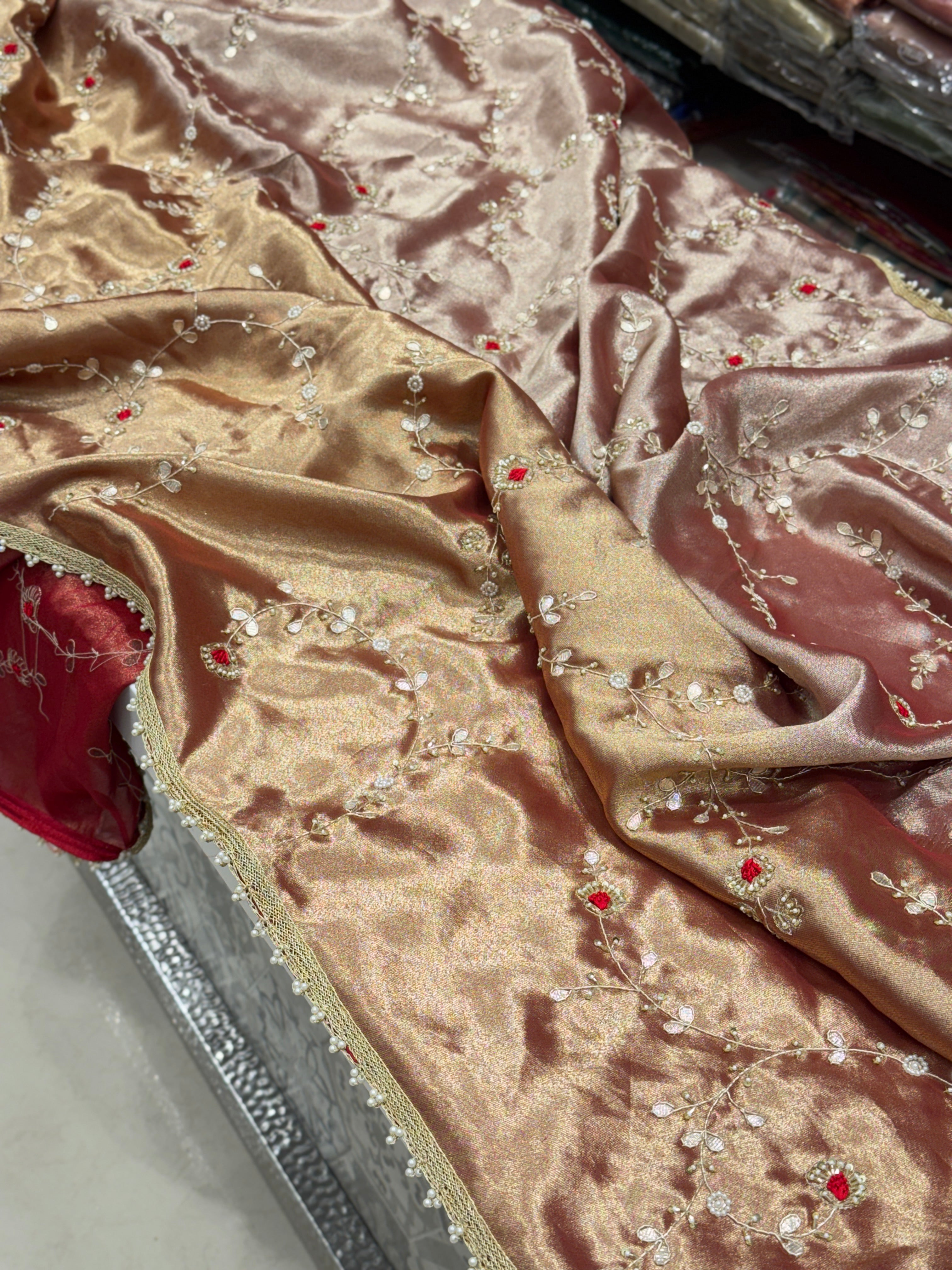 Red Tissue Zardosi Gota Resham Hand Embroidery Jaal Saree