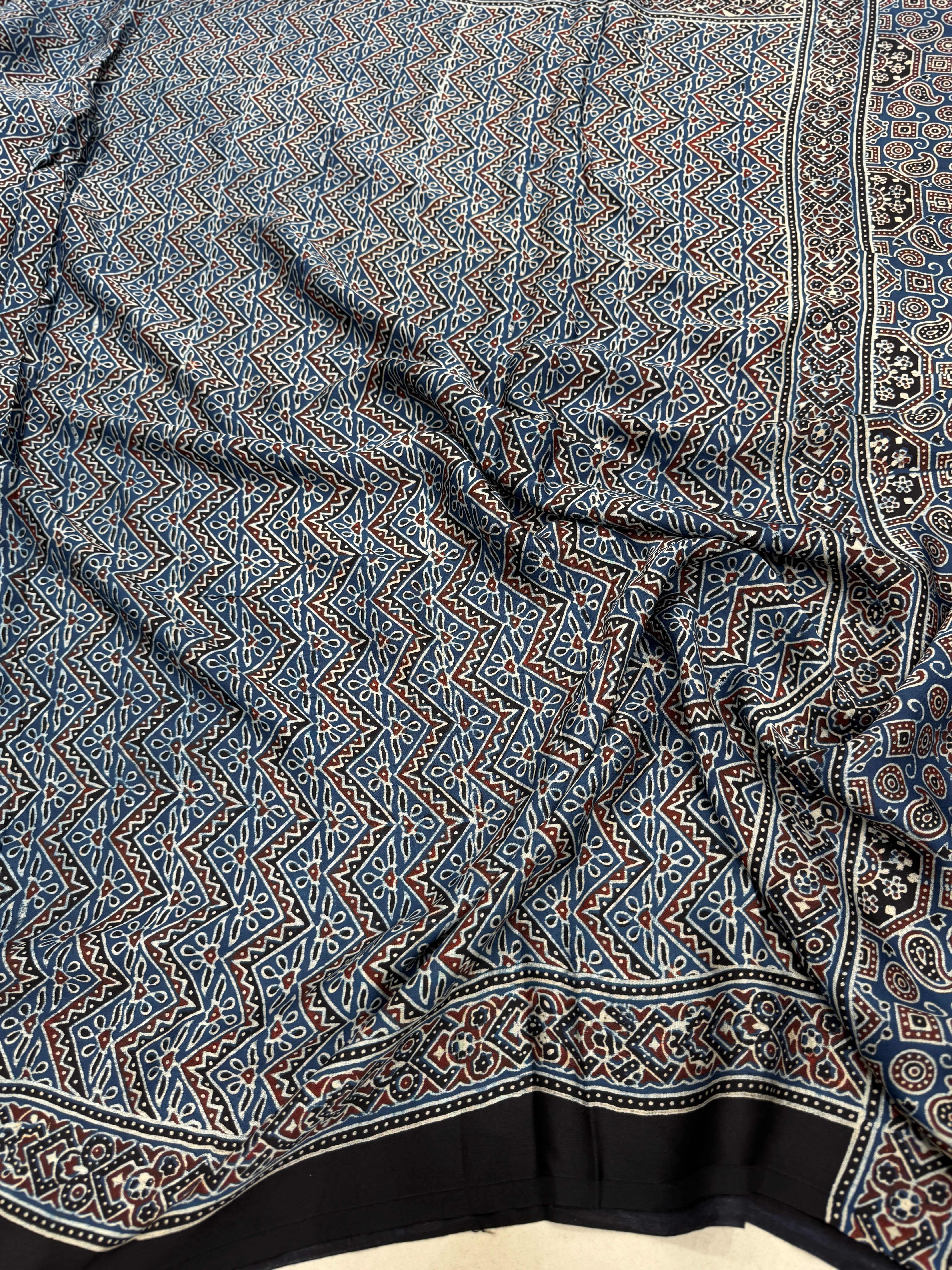 Blue Zig Zag Jaal Ajrakh Block Print Hand Pure Gajji Silk Saree