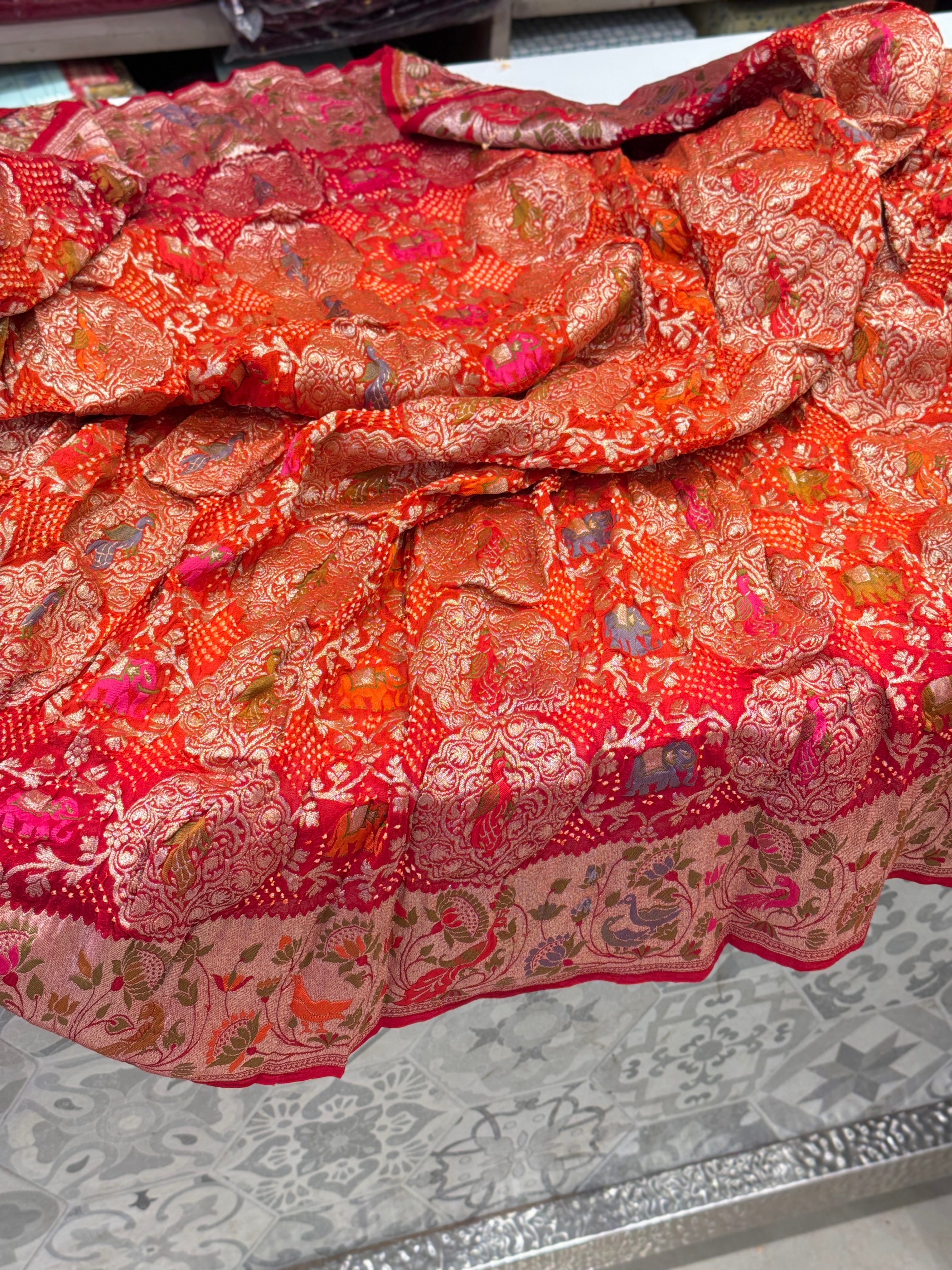 Red Orange Shaded Meenakari Rai Bandhej Shikara Saree