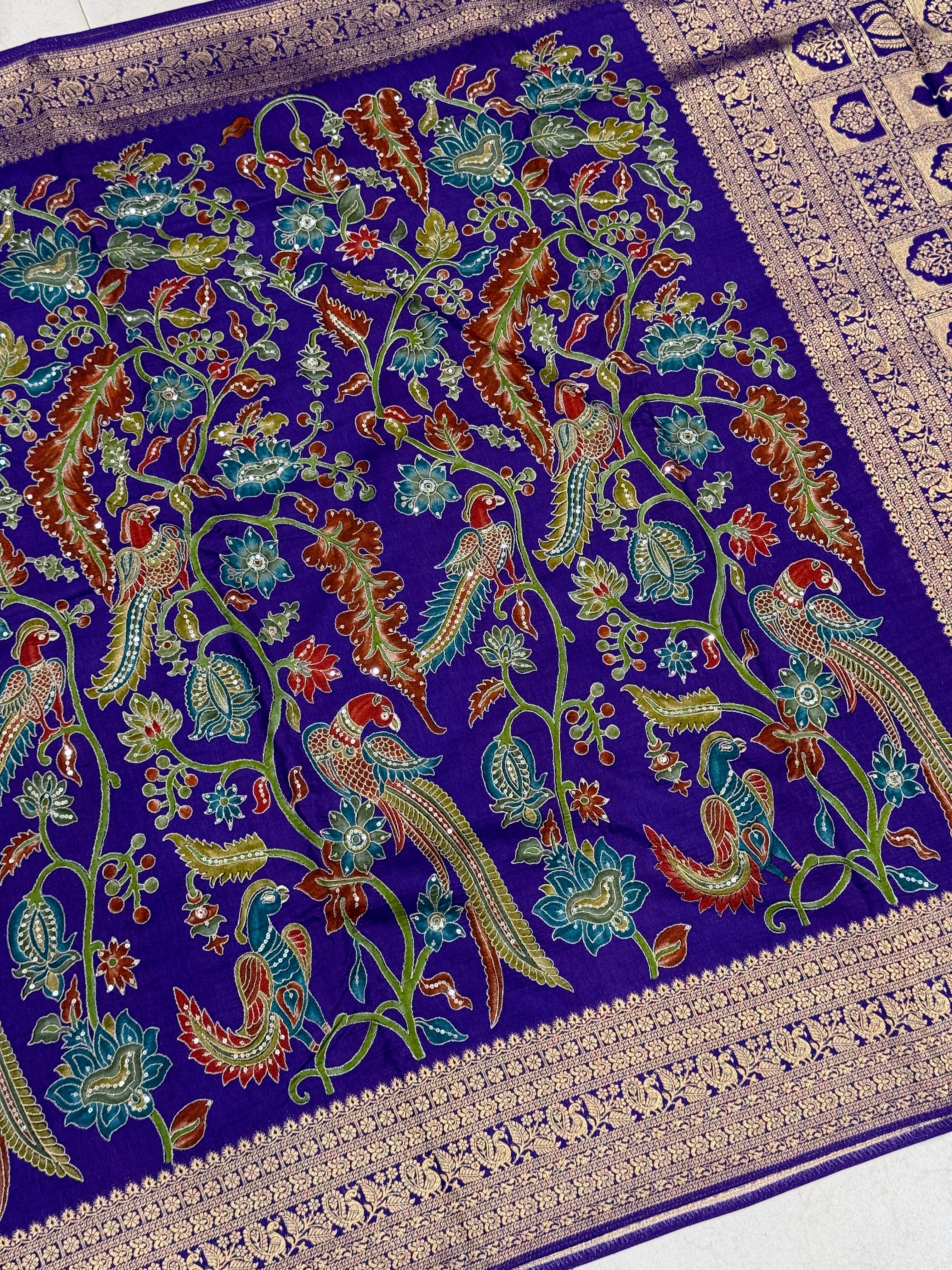 Violet Kalamkari Weave Banarasi Munga Pita Embroidery Saree
