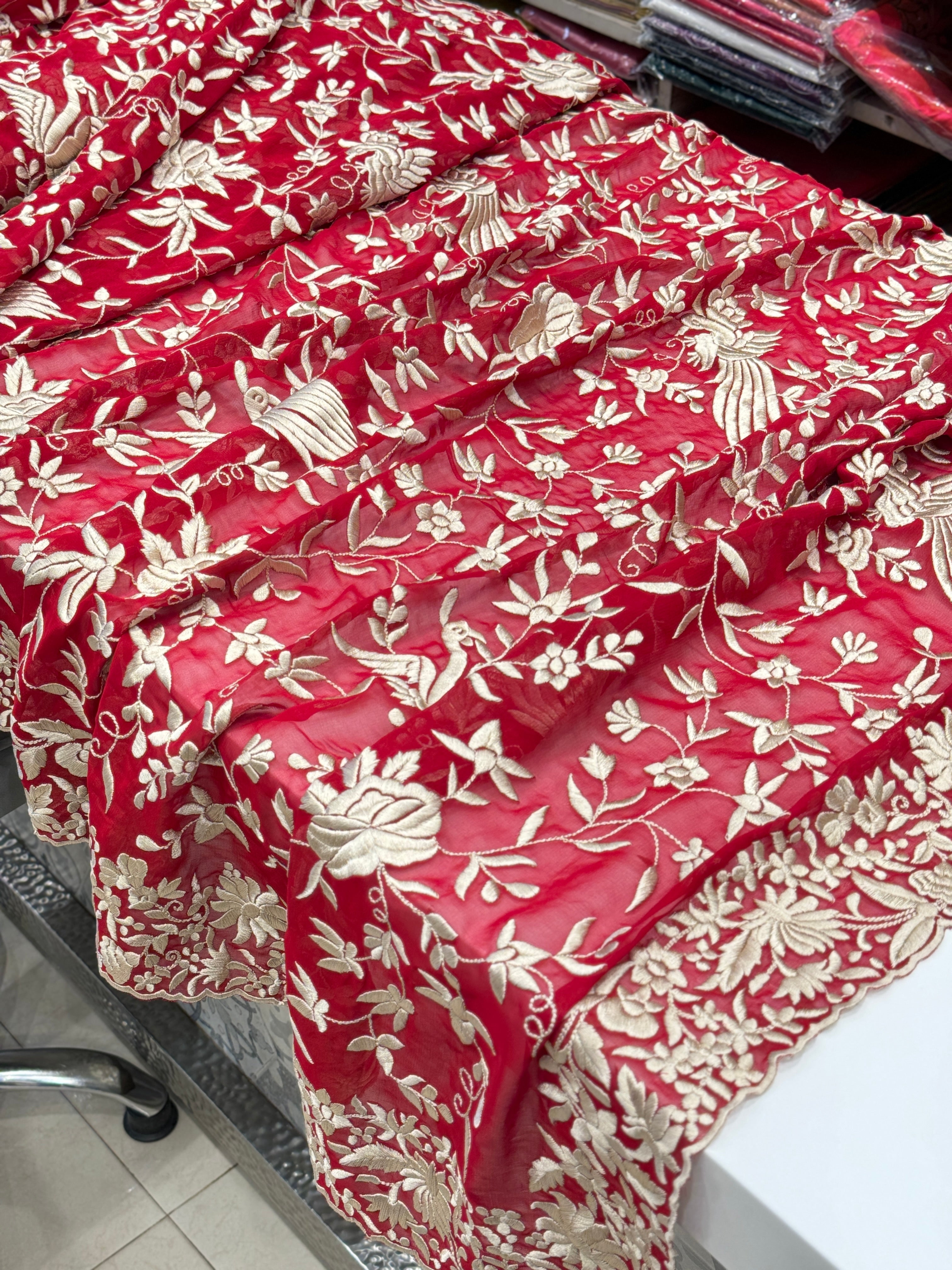 Red Georgette Parsi Gara Saree