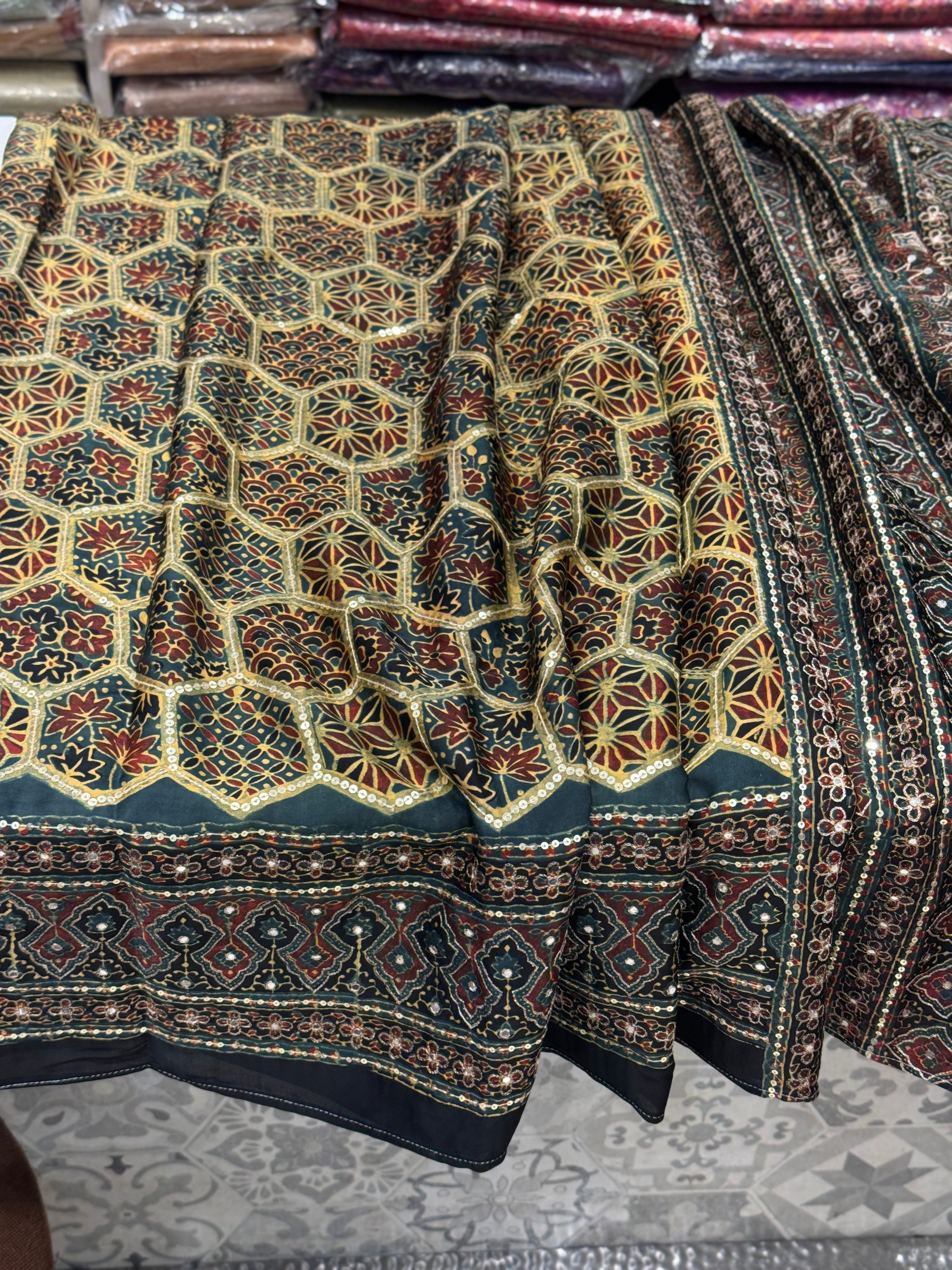 Mustard Rama Jaal Abstract Pita Sequin Ajrakh Hand Embroidery Saree