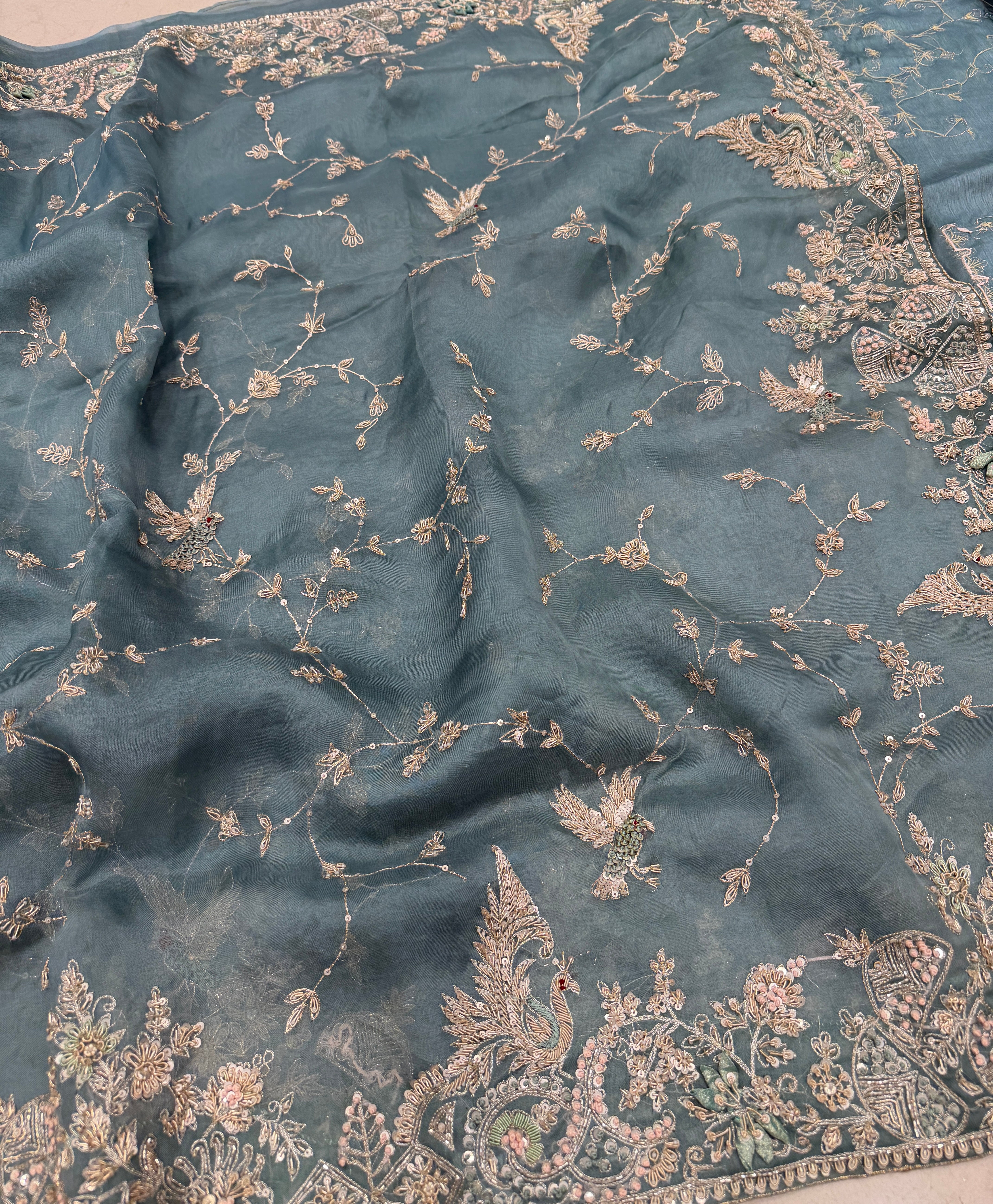 Sea Green Organza Zardosi Peacock Flying Bird Jaal Hand Embroidery Saree