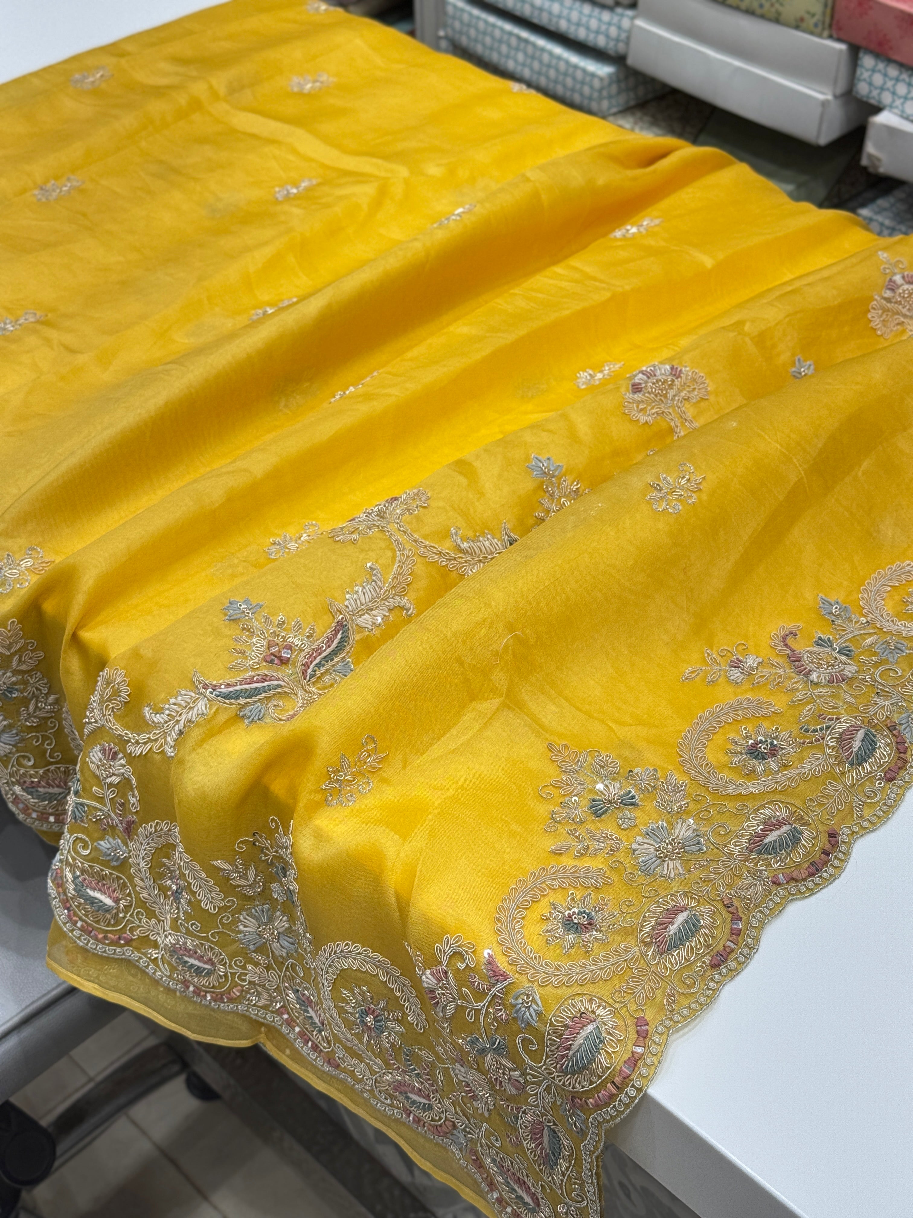 Yellow Organza Zardosi Resham Embroidery Saree