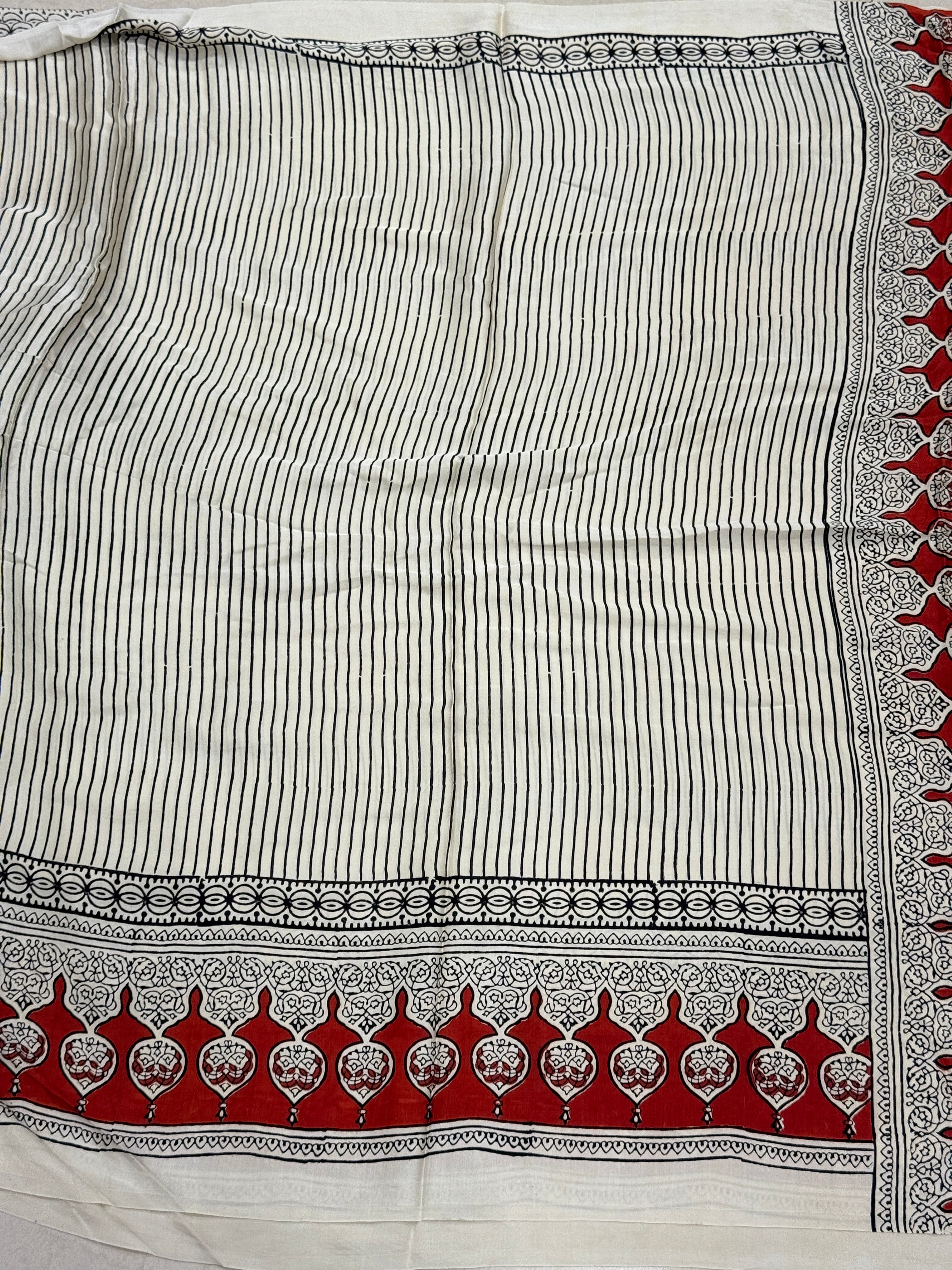 White Contemporary Temple Border Ajrakh Block Print Hand Pure Gajji Silk Saree