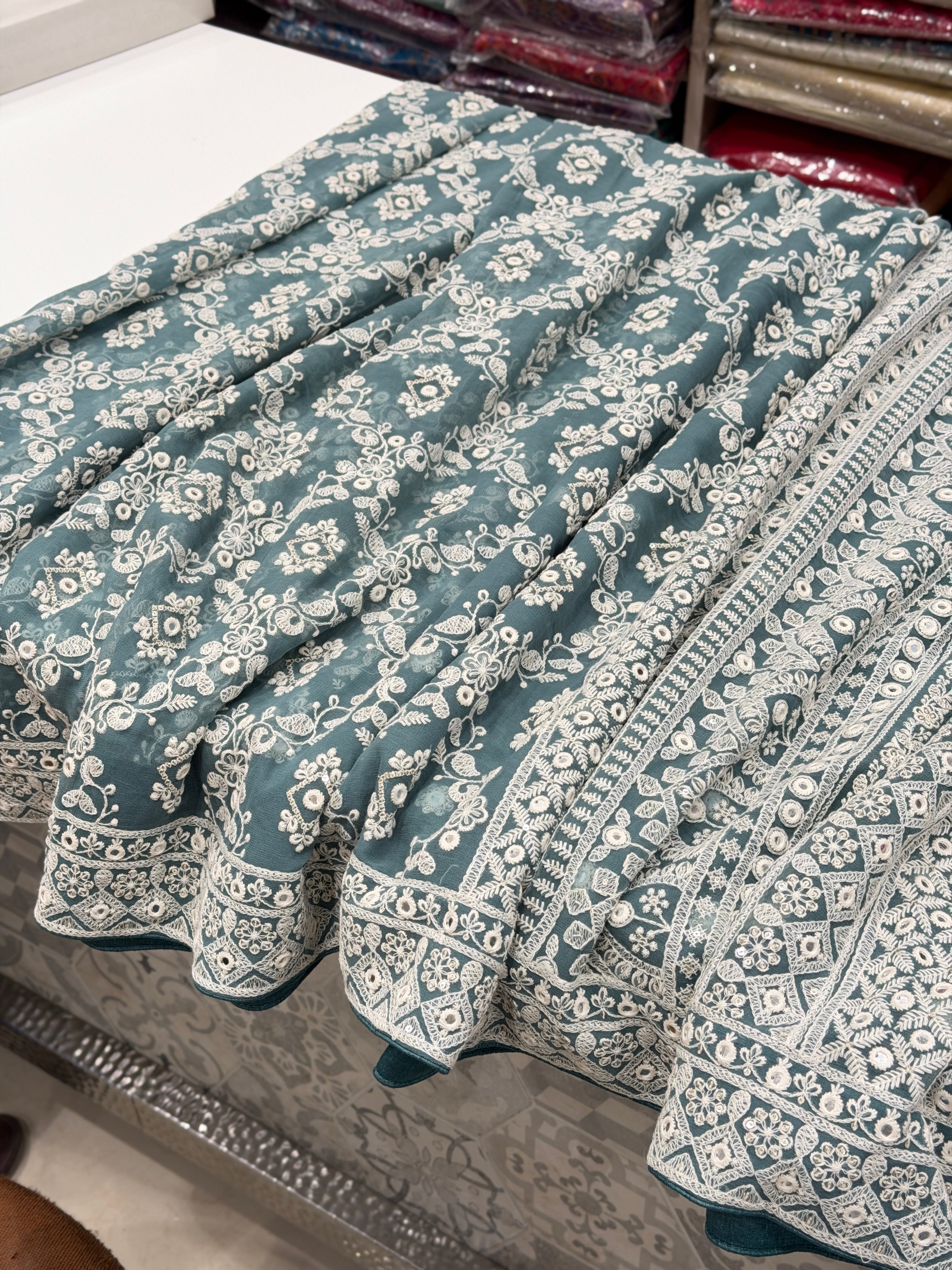 Mint Green Chikankari Jaal Georgette Resham Embroidery Saree